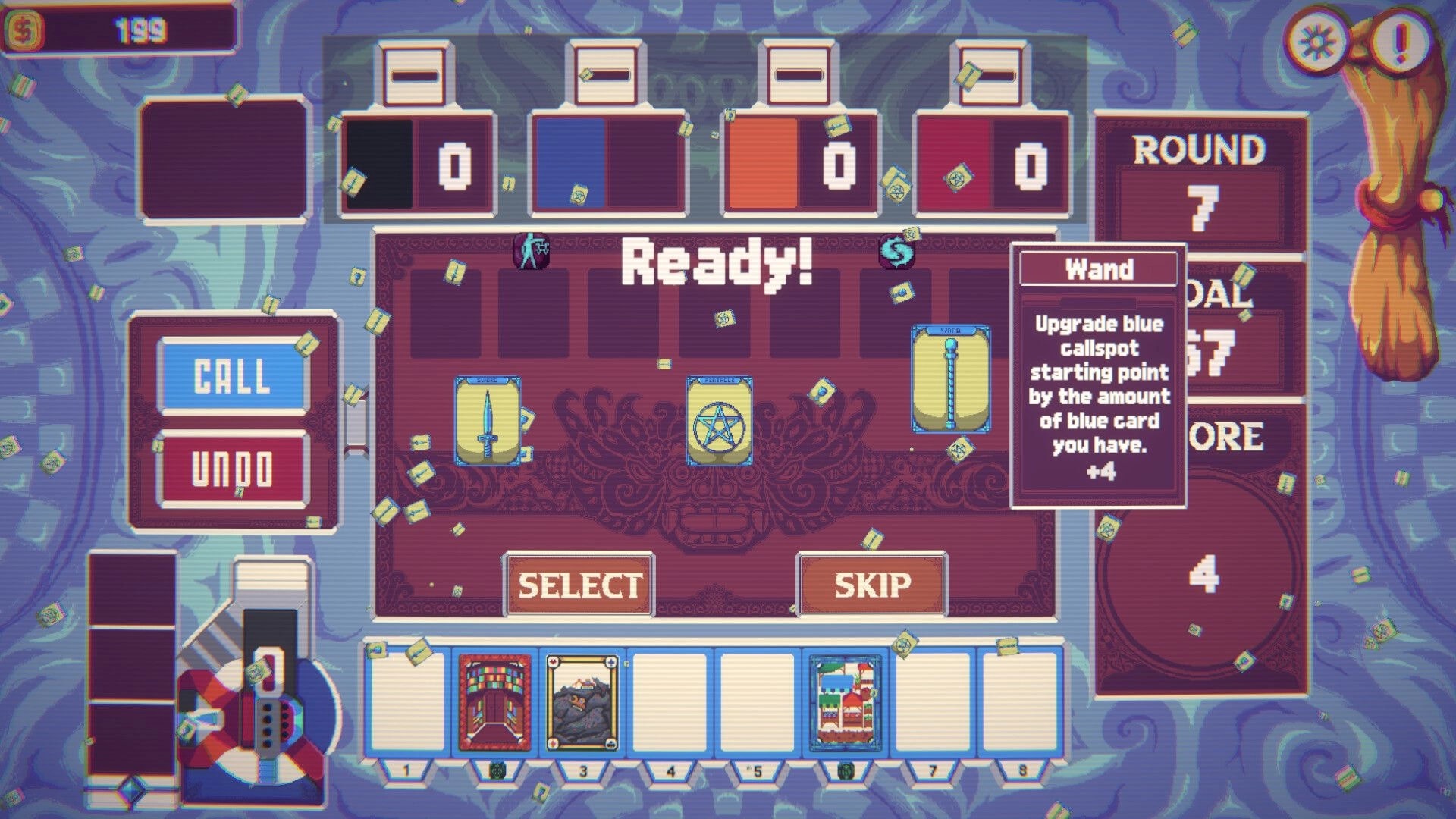 Samota: Ready card choice screen with Wand tooltip, Select/Skip buttons, round 7 goal panel UI.