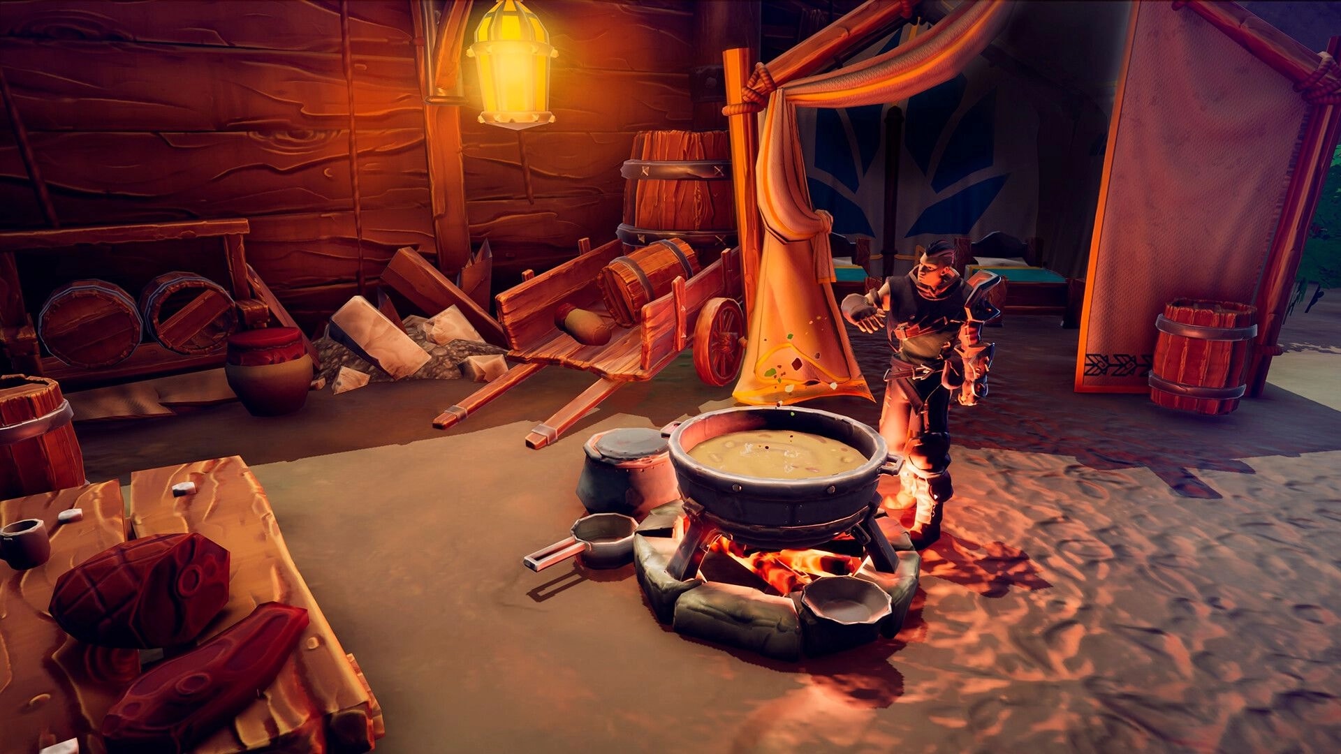 Scars of Honor: Armored character tending a bubbling cauldron over fire inside a cluttered camp tent.