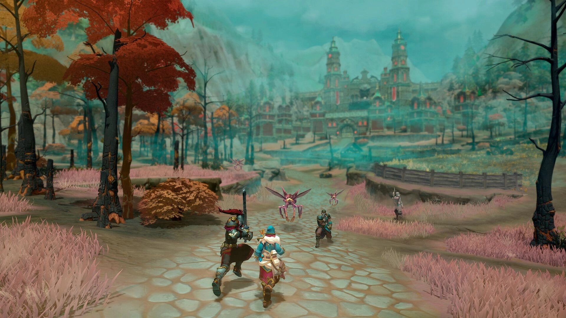 Scars of Honor: Party charges flying insect foes on cobblestone road through pink autumn fields near castle.