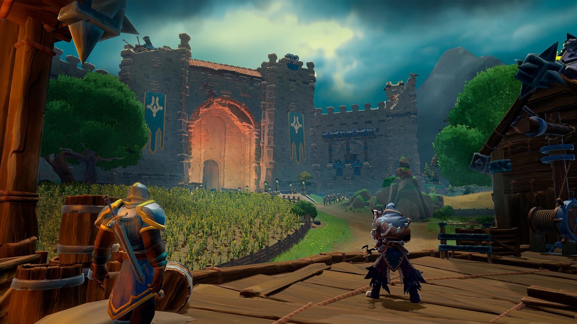 Scars of Honor: Two armored adventurers overlook a castle gate and farmland from a wooden platform.