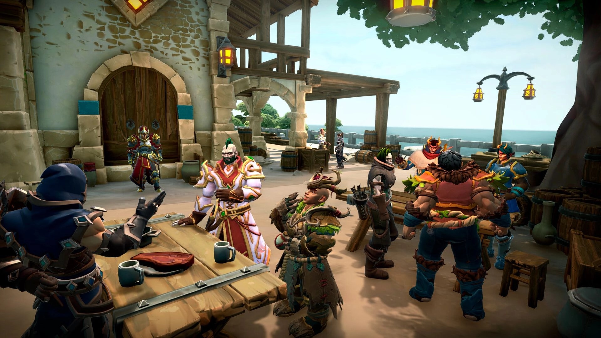 Scars of Honor: Adventurers gather around a table with mugs on a seaside tavern terrace dock.