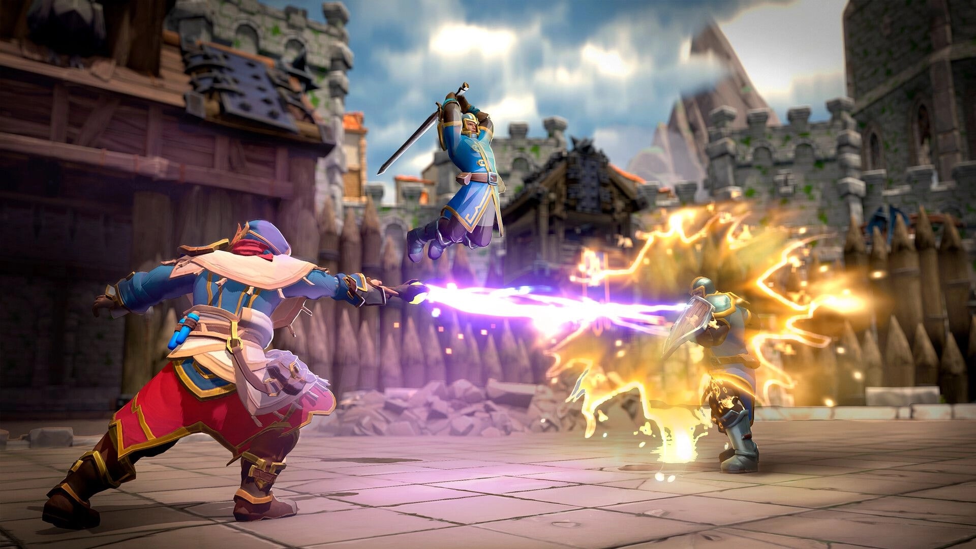 Scars of Honor: Mage fires purple beam at armored foe as swordsman leaps in a stone fortress courtyard.