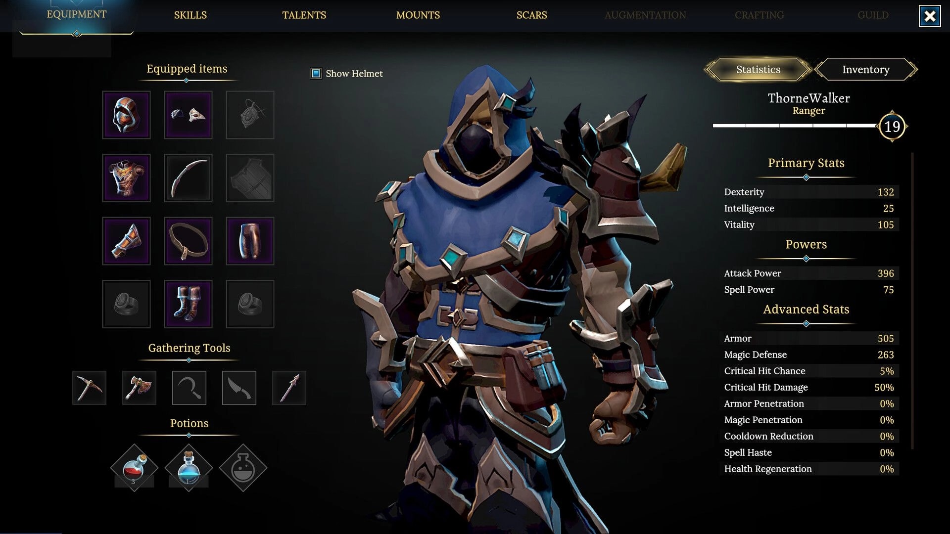 Scars of Honor: ThorneWalker ranger equipment and stats screen with gear slots and potions UI menu.