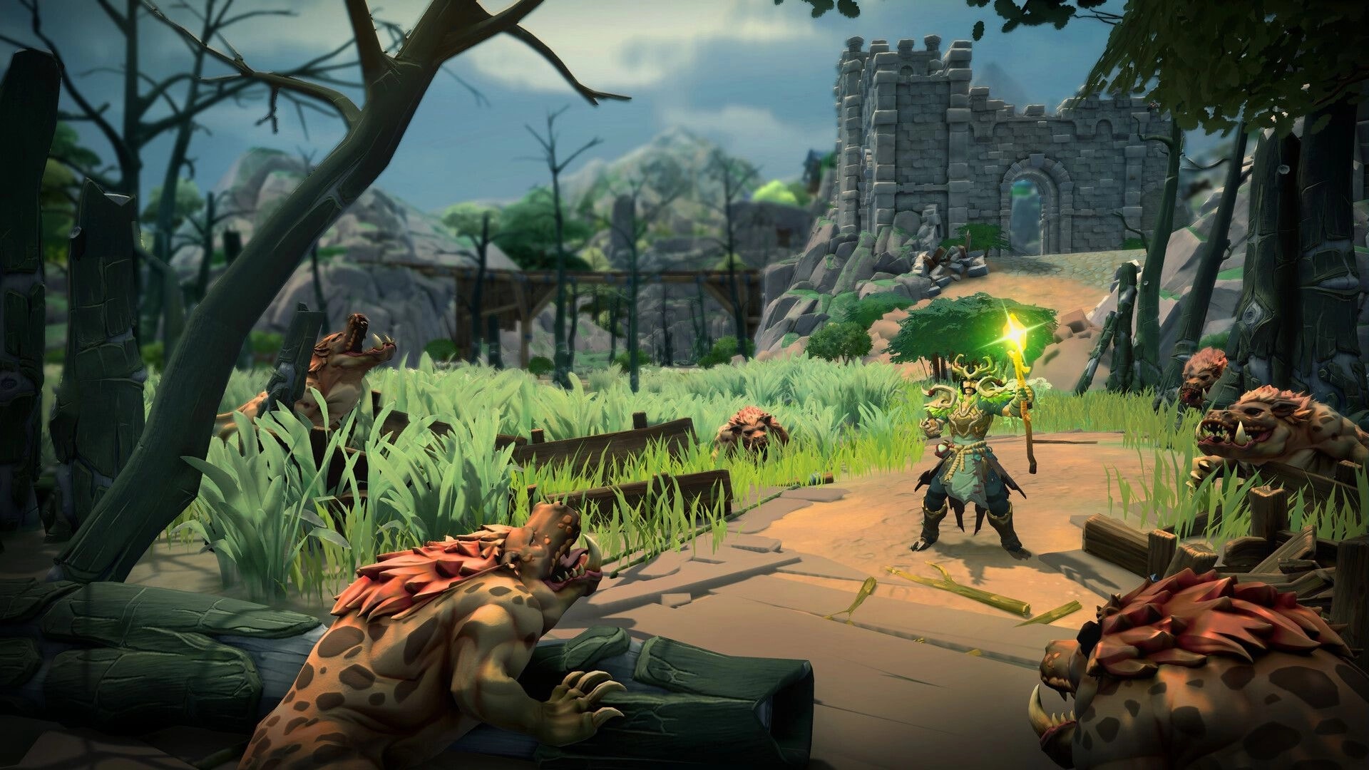 Scars of Honor: Staff-wielding hero faces snarling beasts on a path near ruined stone gatehouse.