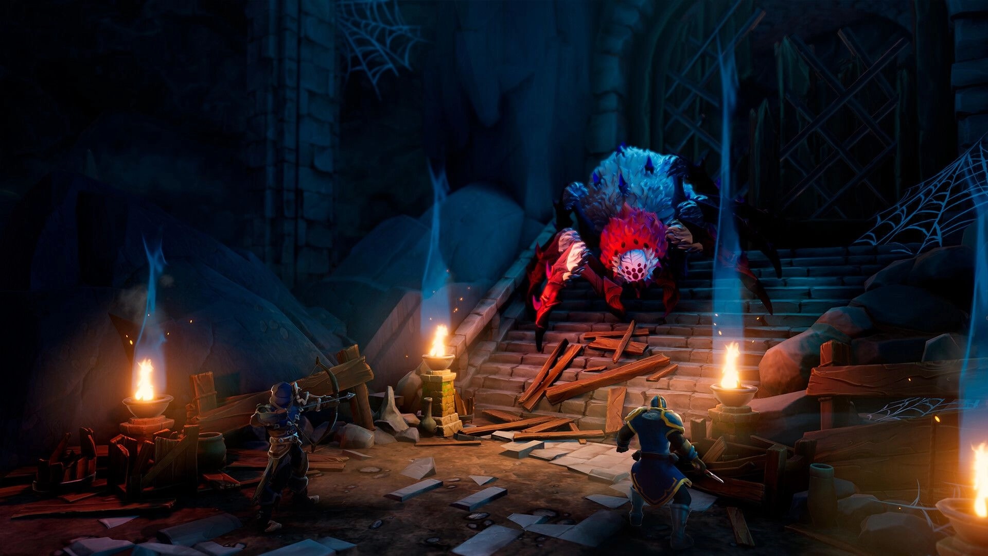 Scars of Honor: Two adventurers face a giant spider on torchlit dungeon stairs with webs and debris.