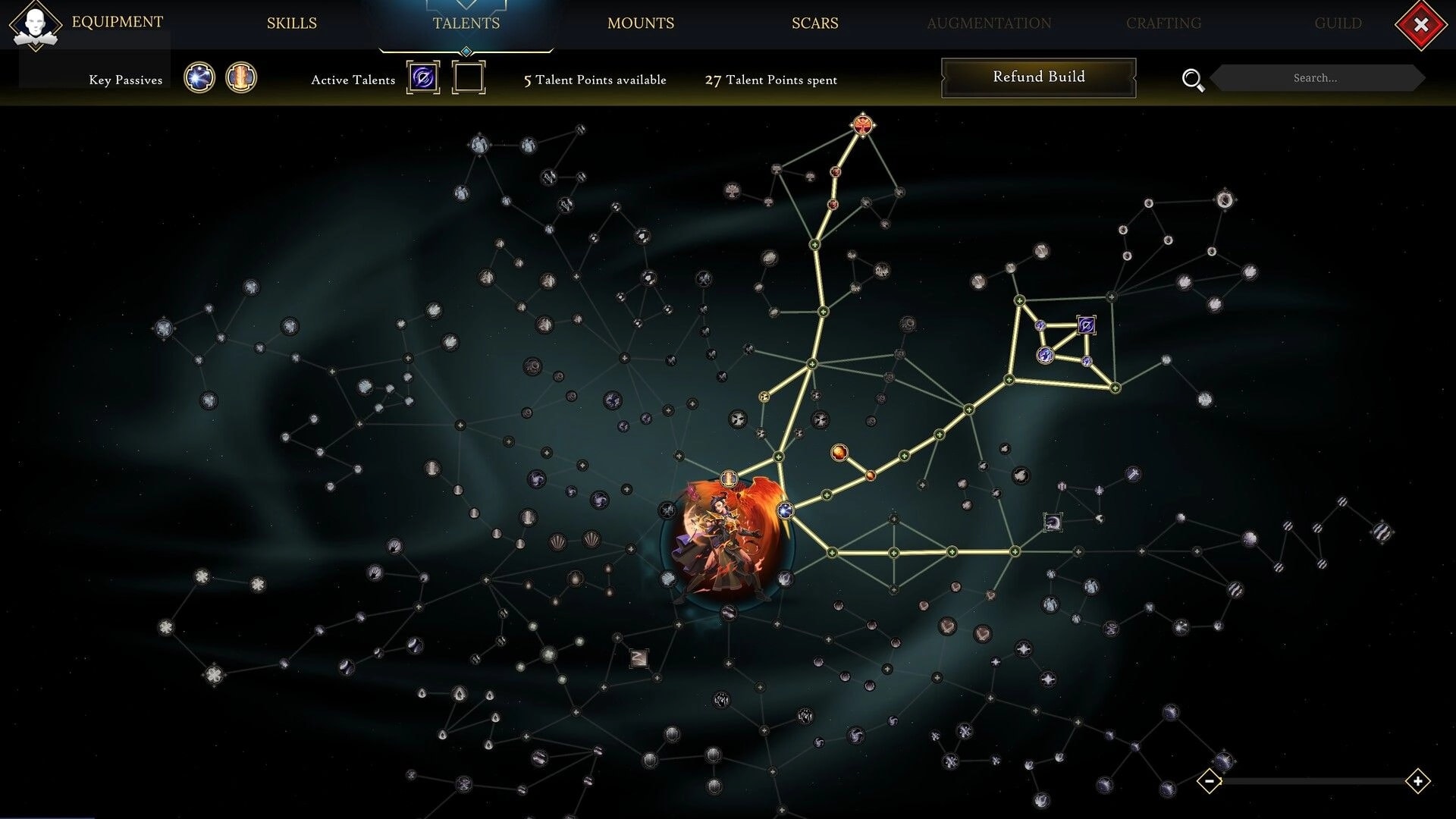 Scars of Honor: Talents skill tree menu with connected nodes, points available, and refund build button.
