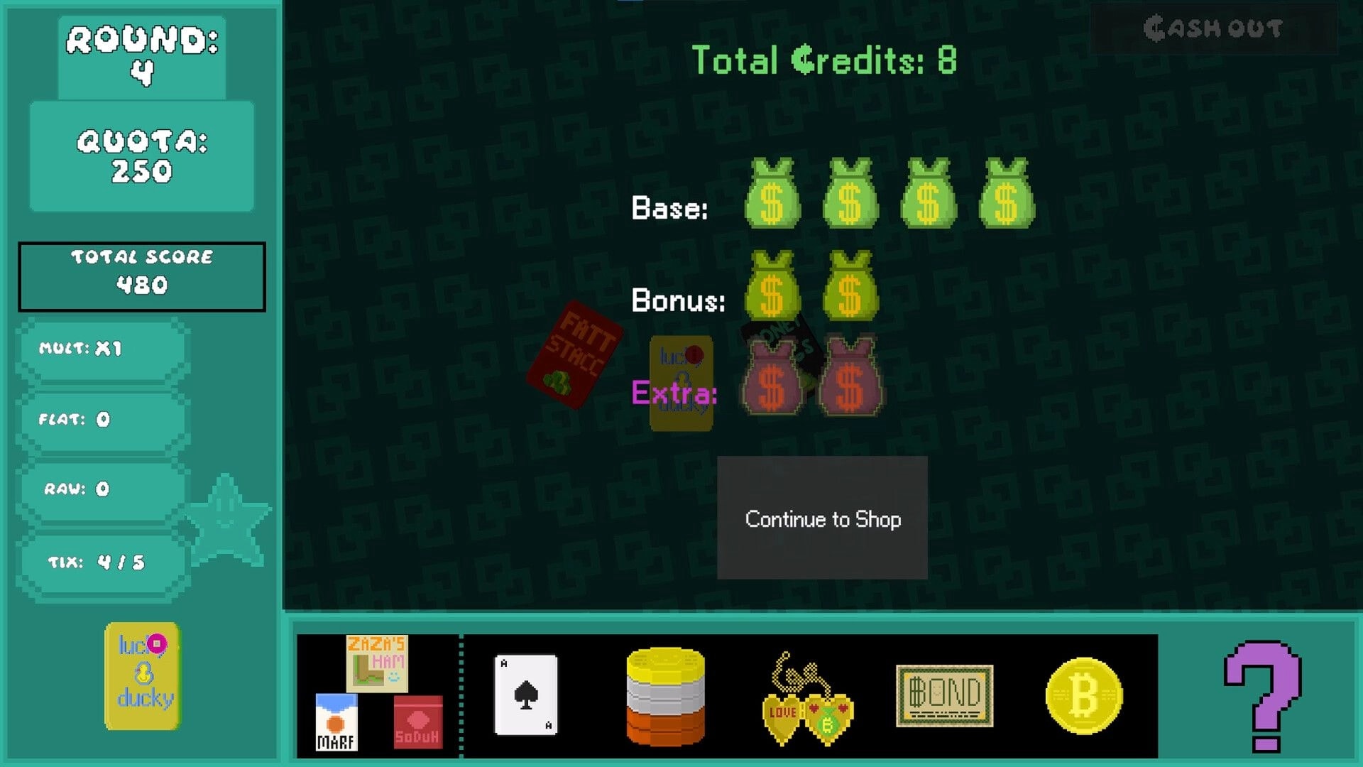 SCRATCH CO.: Round results screen showing total credits and money bag bonuses with Continue to Shop button.