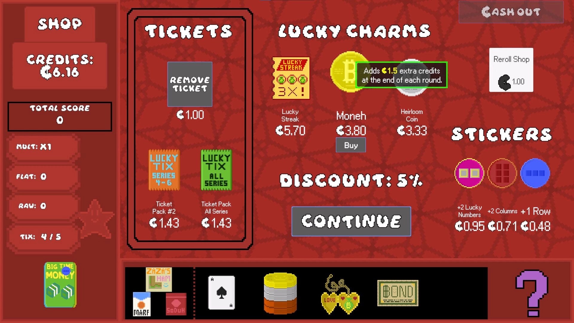 SCRATCH CO.: Shop screen buying tickets and lucky charms with credits, reroll shop, and continue button.