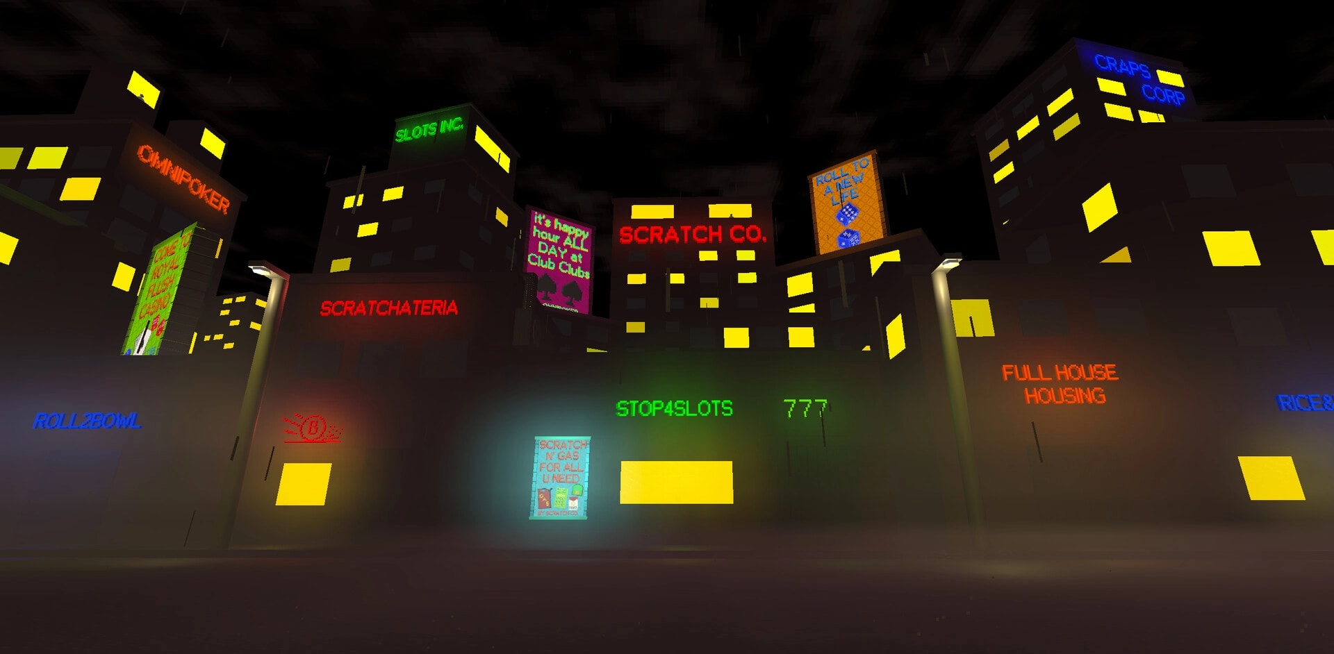 SCRATCH CO.: Neon casino skyline with SCRATCH CO. and SCRATCHATERIA signs in rainy night city.