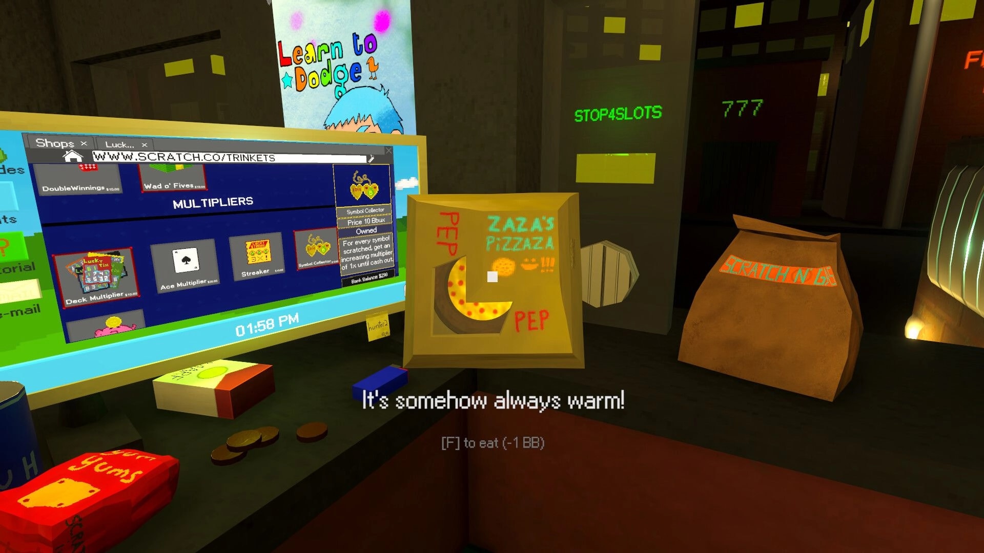 SCRATCH CO.: Trinkets shop UI on monitor beside pizza box and scratch bag on a cluttered counter.