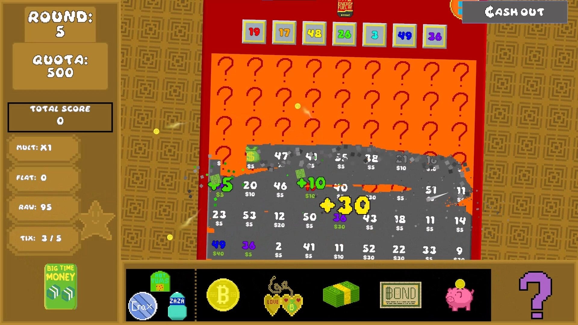 SCRATCH CO.: Scratch ticket grid with numbers and cash popups, quota panel left and Cash Out button top.