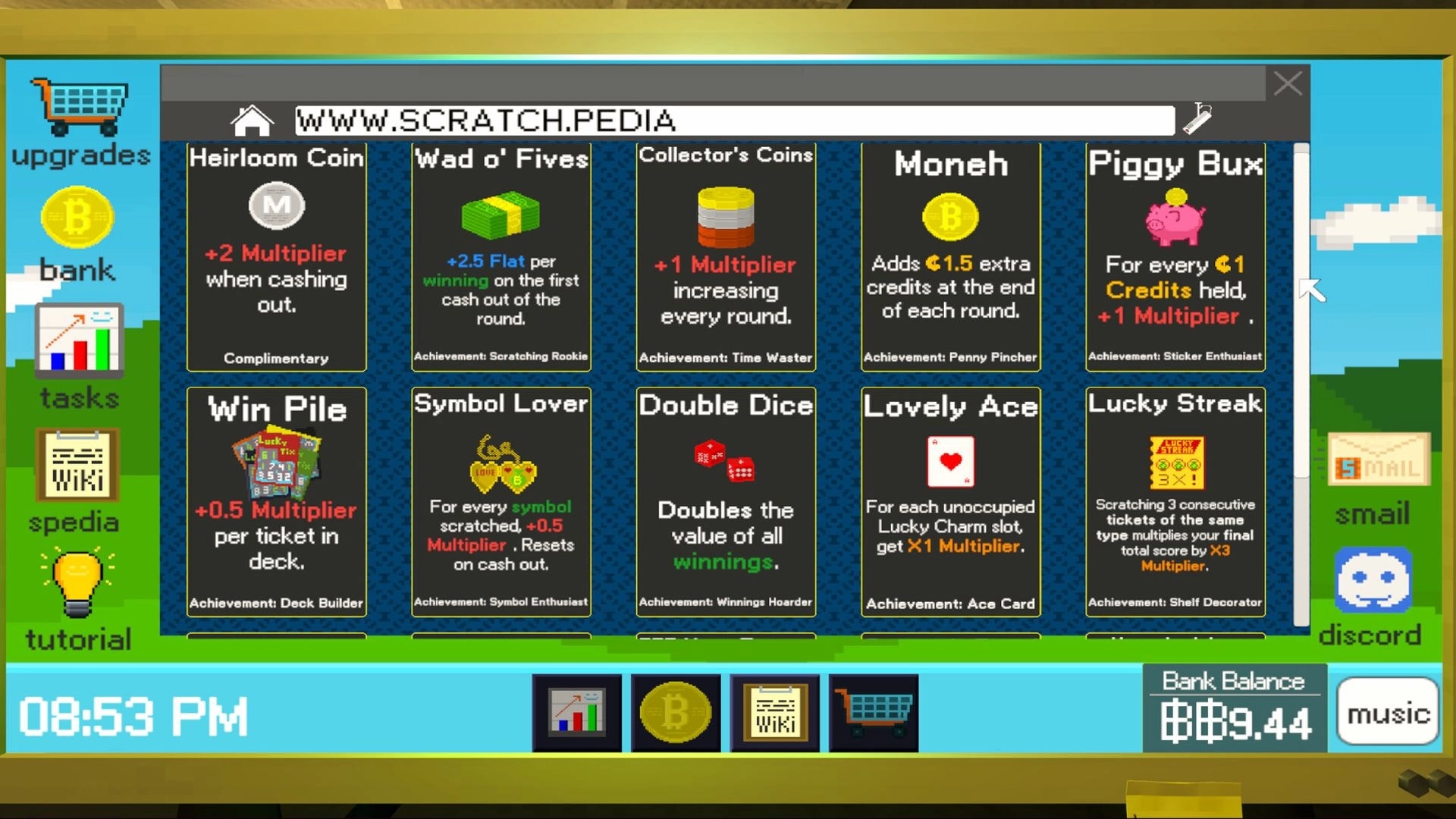 SCRATCH CO.: Scratchpedia upgrades shop listing multiplier perks and charms in a browser-style menu.