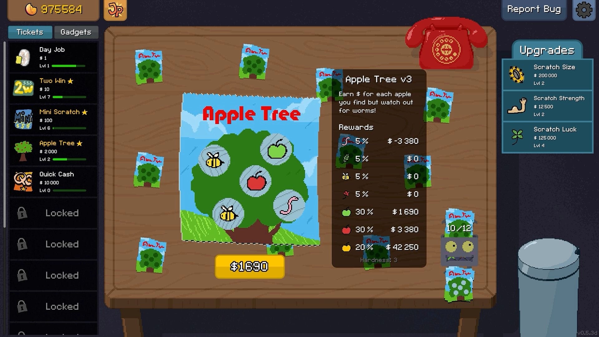 Scritchy Scratchy: Apple Tree scratch card on wooden table with upgrades and ticket options on screen
