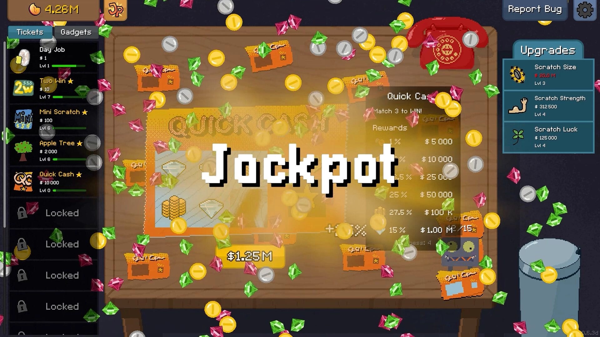 Scritchy Scratchy: Jackpot win with coins and gems raining, upgrade menu, and scratch card options visible.