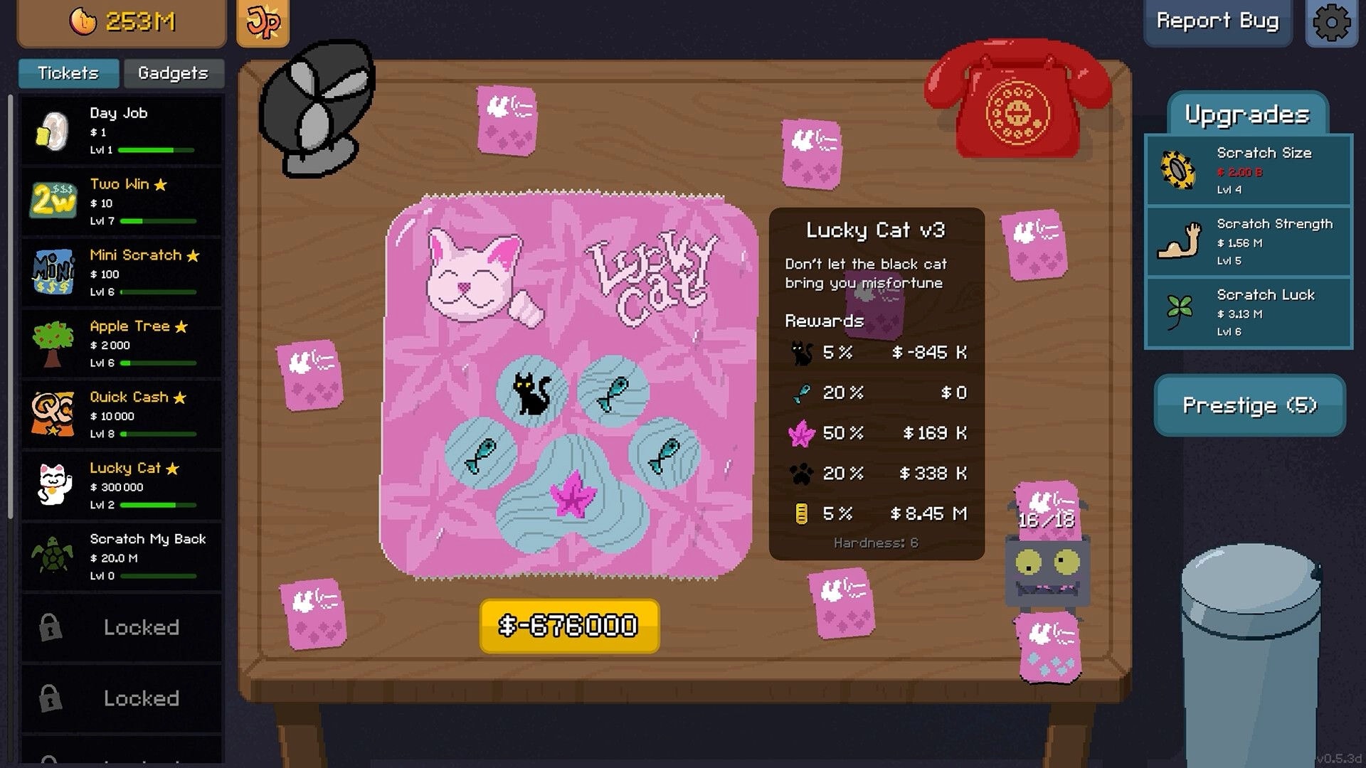 Scritchy Scratchy: Lucky Cat scratch card with rewards list on wooden table, upgrade menu visible.