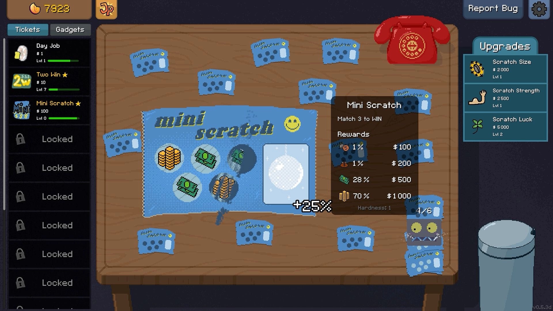 Scritchy Scratchy: Scratch card table with upgrade menu and rewards; tickets scattered on wooden surface.