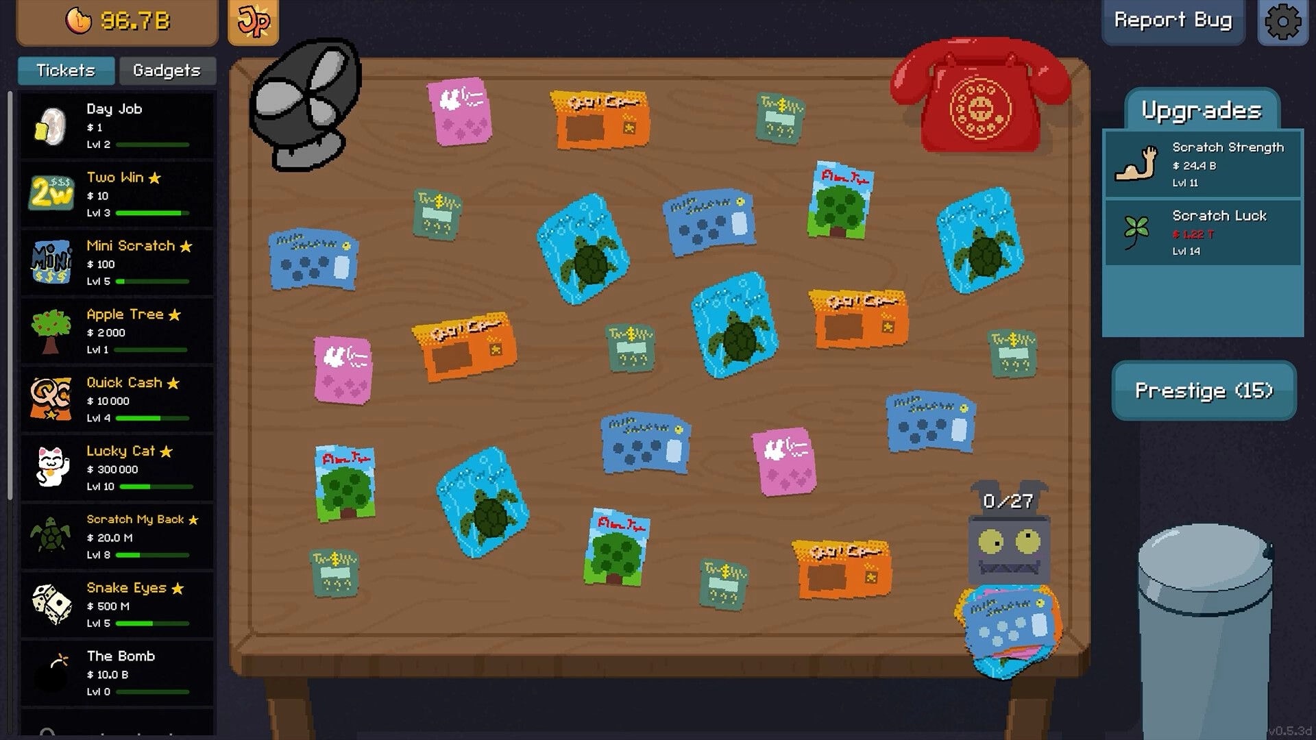 Scritchy Scratchy: Scratch card table with various tickets, upgrade menu, and currency display in corner