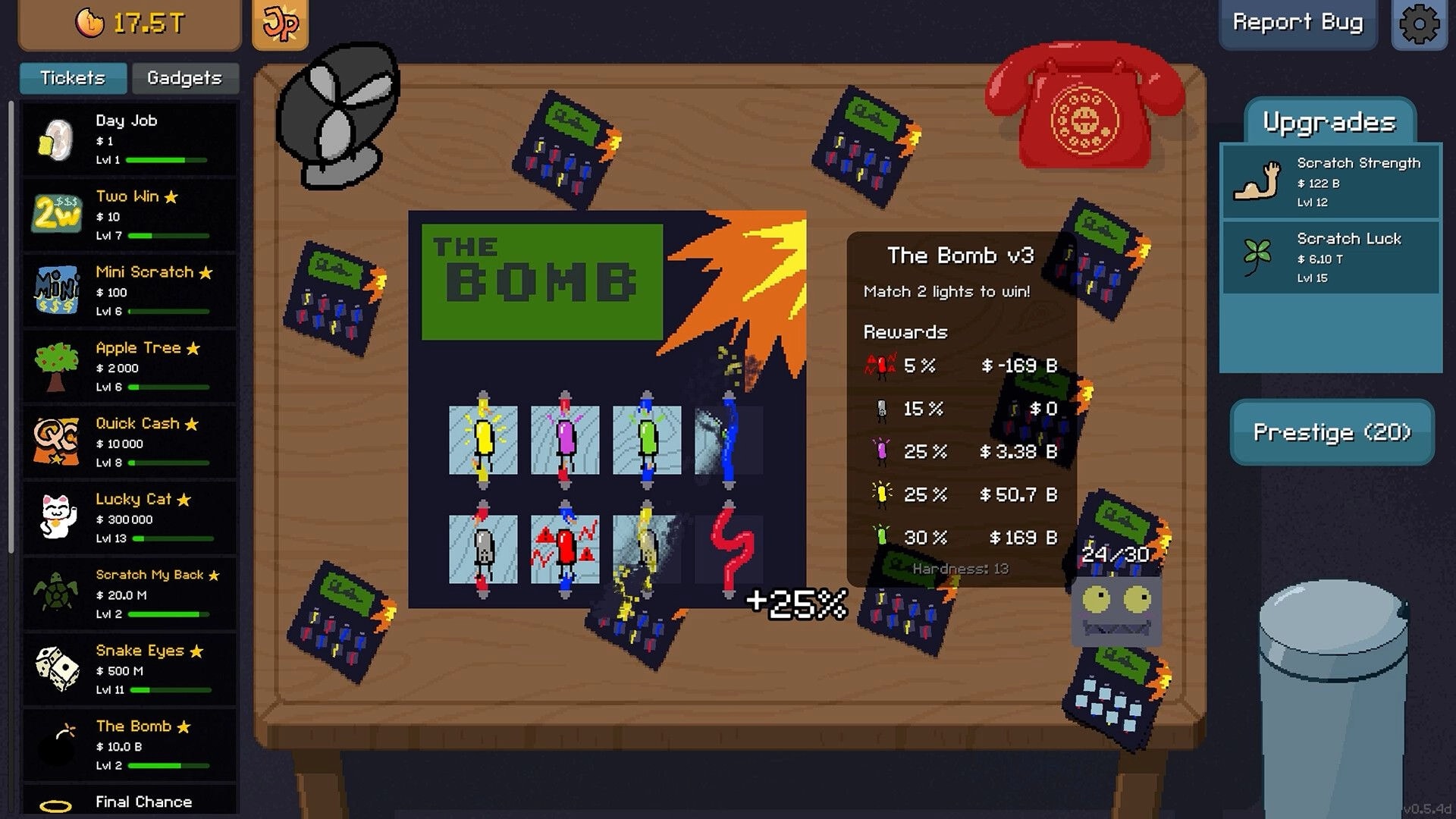 Scritchy Scratchy: Scratch card on wooden table with upgrade menu and jackpot rewards list visible.