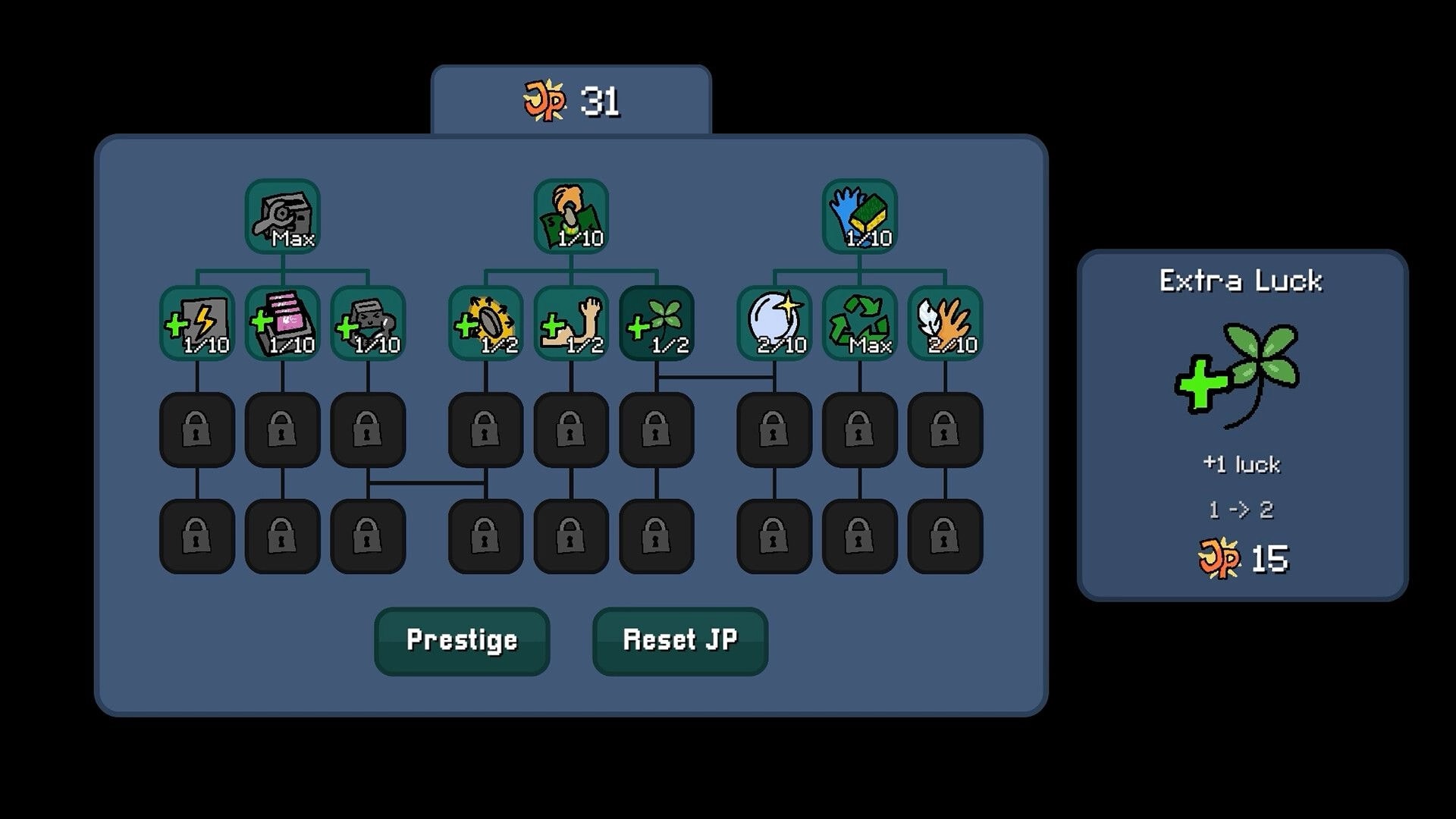 Scritchy Scratchy: Skill tree interface with upgrades like extra luck, prestige, and reset JP options
