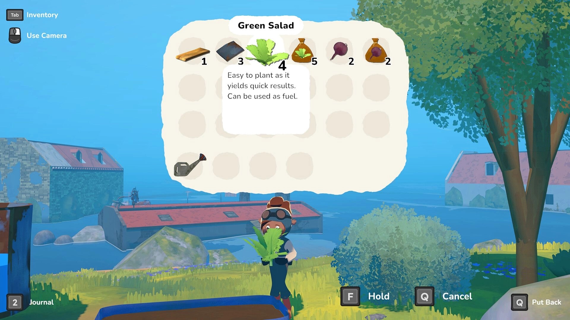Seaward: Inventory open on Green Salad item while character stands by trees overlooking flooded town.