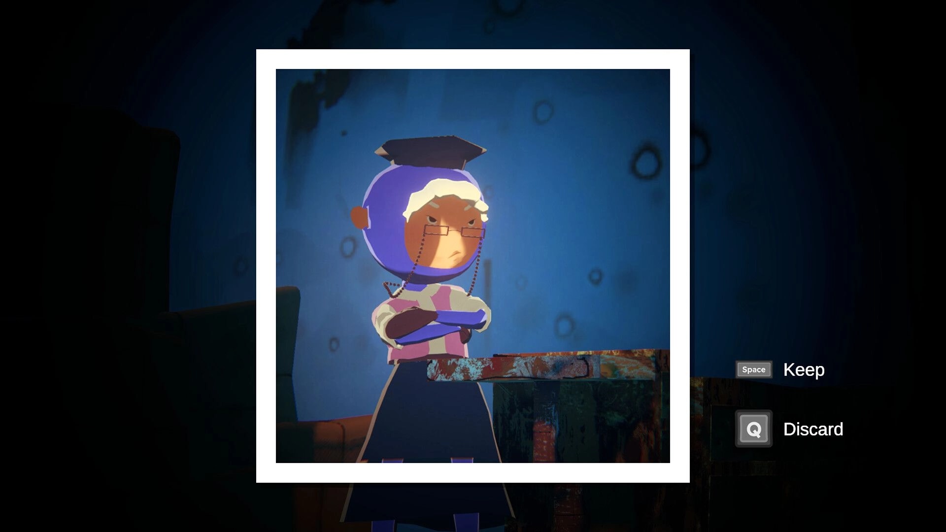 Seaward: Photo capture UI of stern elderly woman in helmet by rusty table in blue cabin interior.