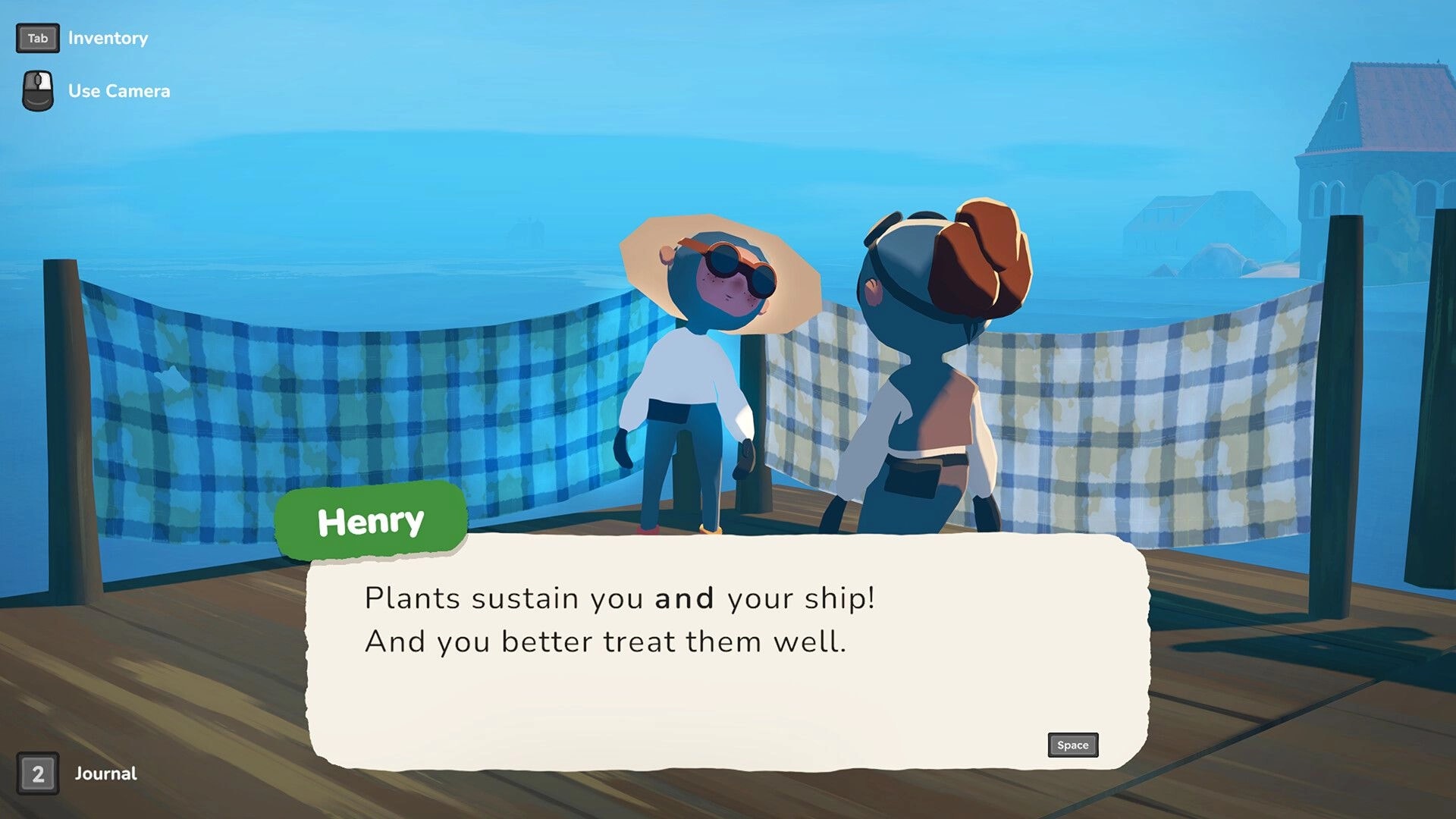 Seaward: Chatting with Henry via dialogue box on a dock, blue sea and cloth fences behind.