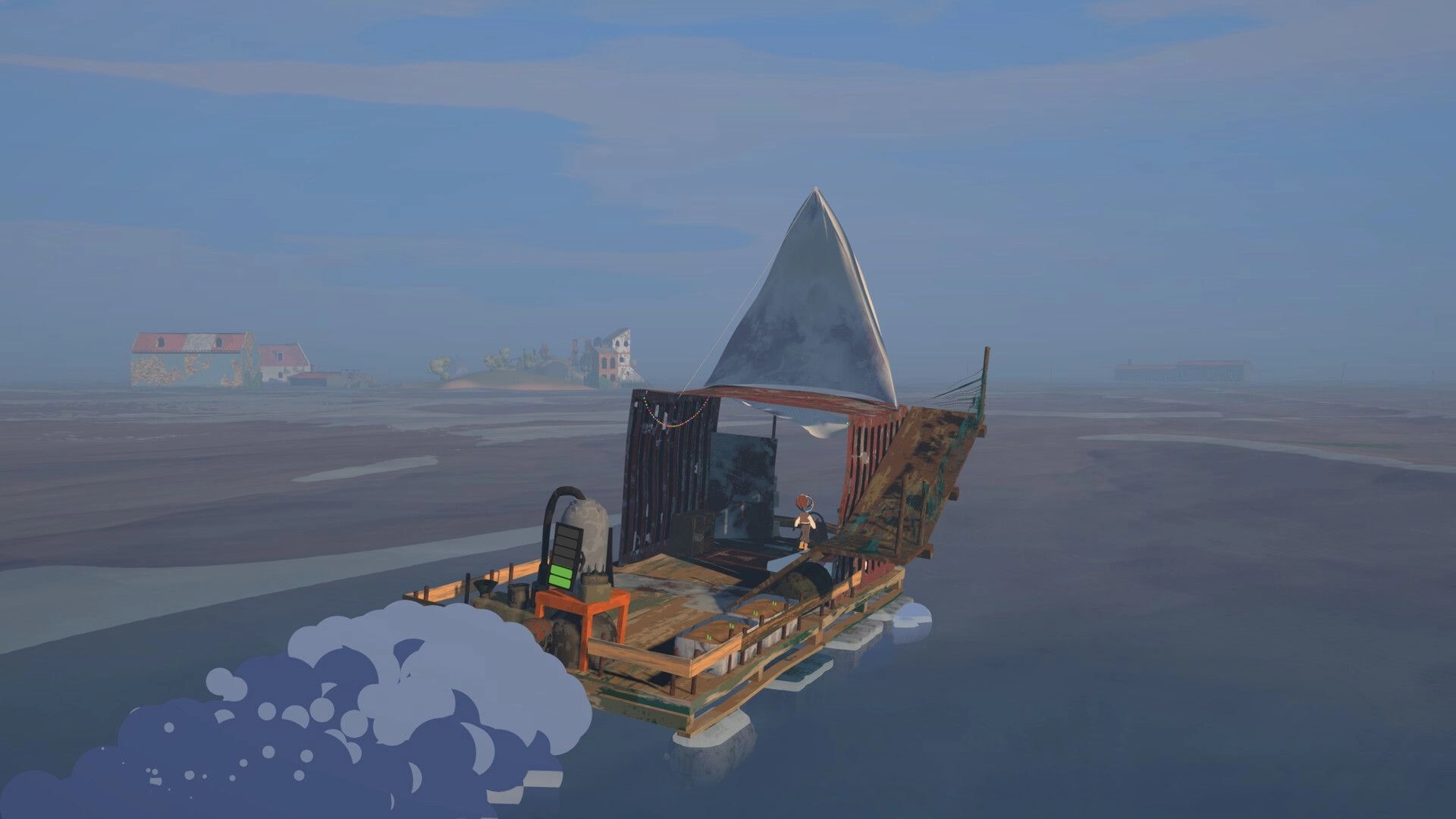 Seaward: Player stands on a handmade sailboat raft cruising flooded plains with distant ruins ahead.