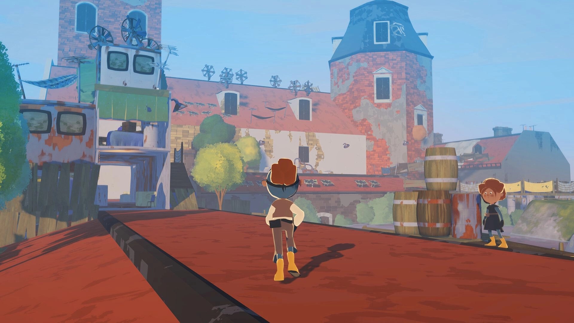Seaward: Player walks along red rooftop toward barrels and NPC, with windmills on brick buildings.