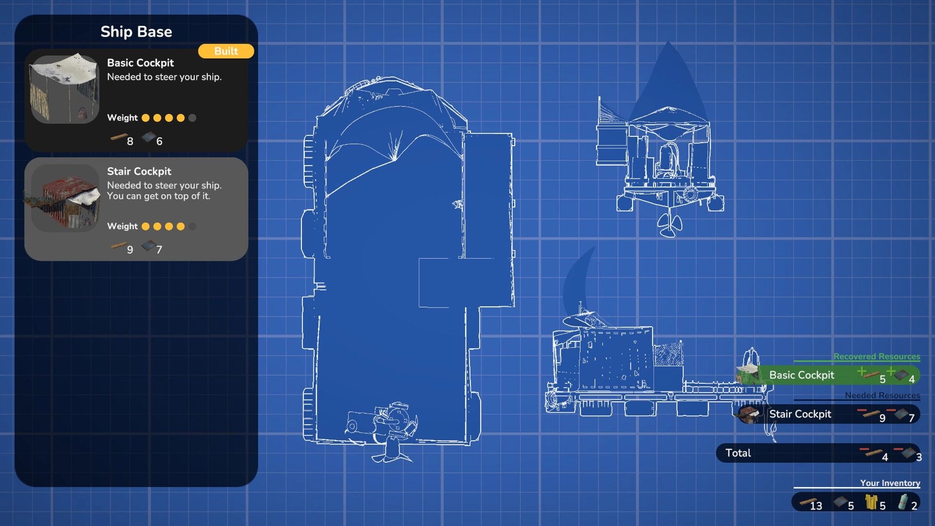 Seaward: Ship Base blueprint UI selecting Basic Cockpit and Stair Cockpit on a blue grid background.