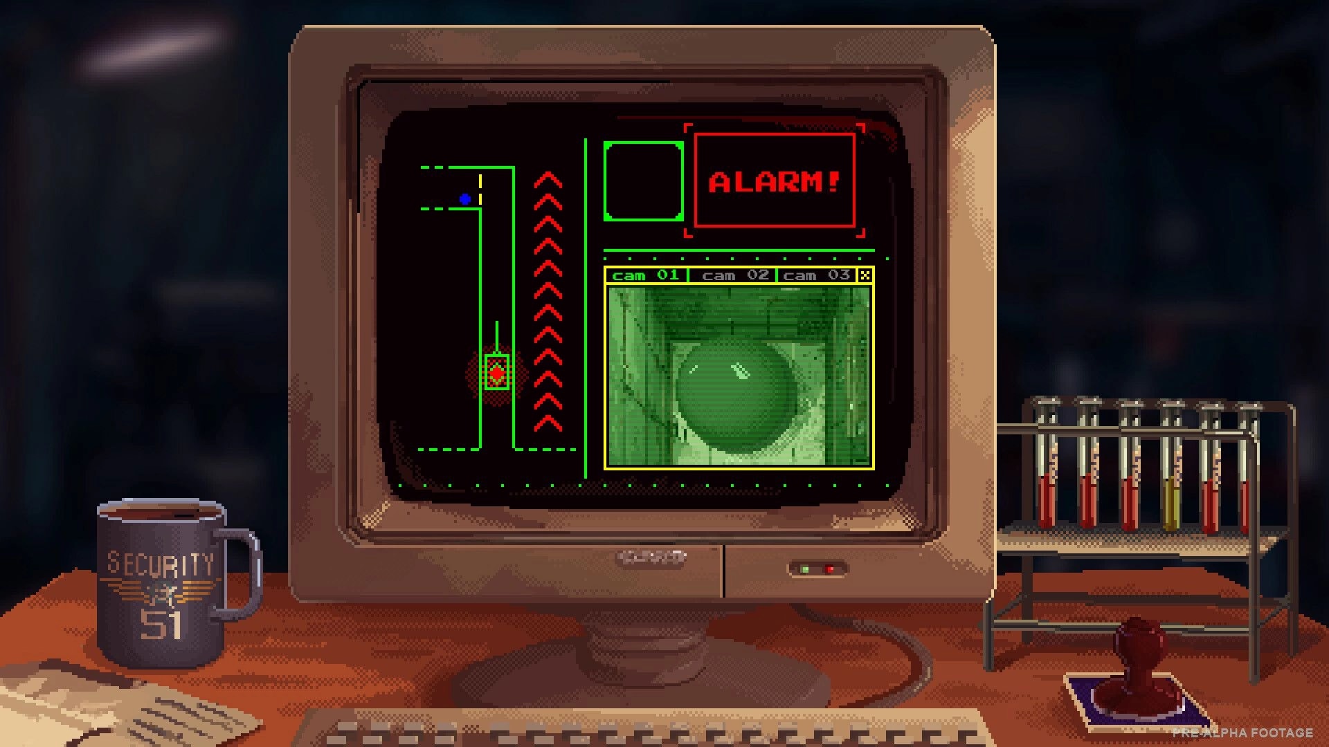 Security 51: Security monitor UI with ALARM and camera feed on desk beside mug and test tubes.