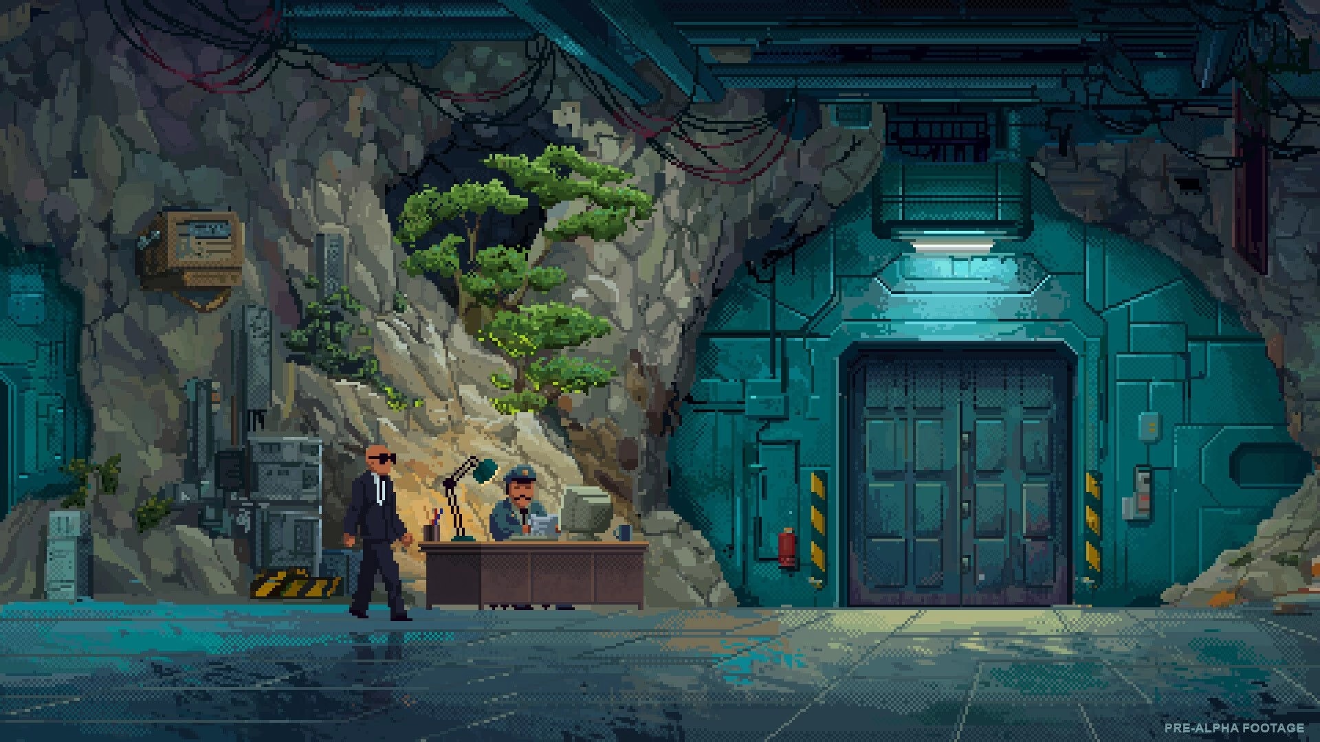 Security 51: Guard checks a suited visitor at a desk beside a sealed elevator in a cave base.