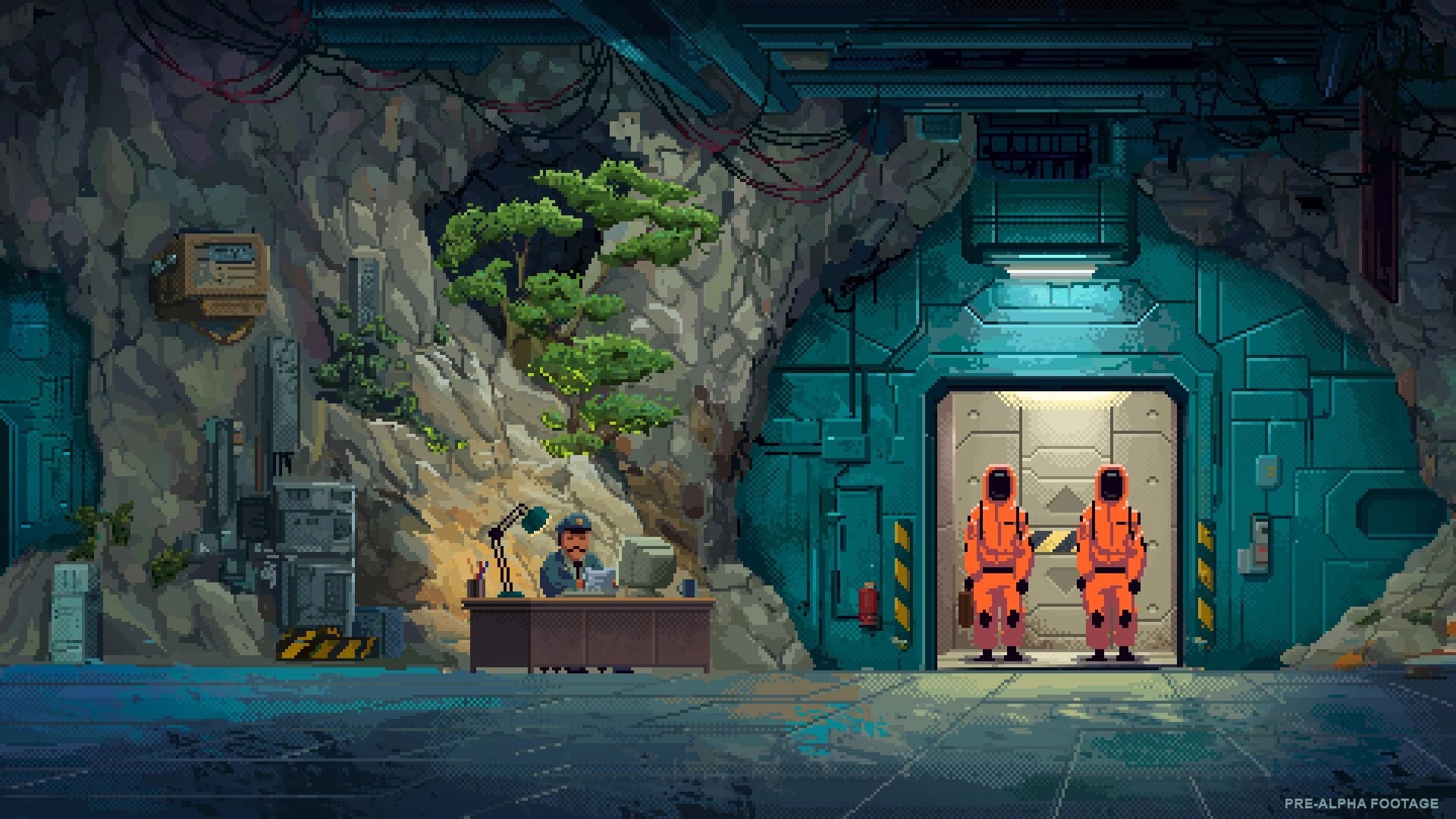 Security 51: Guard checks paperwork at desk as two hazmat workers wait by elevator in cave base.