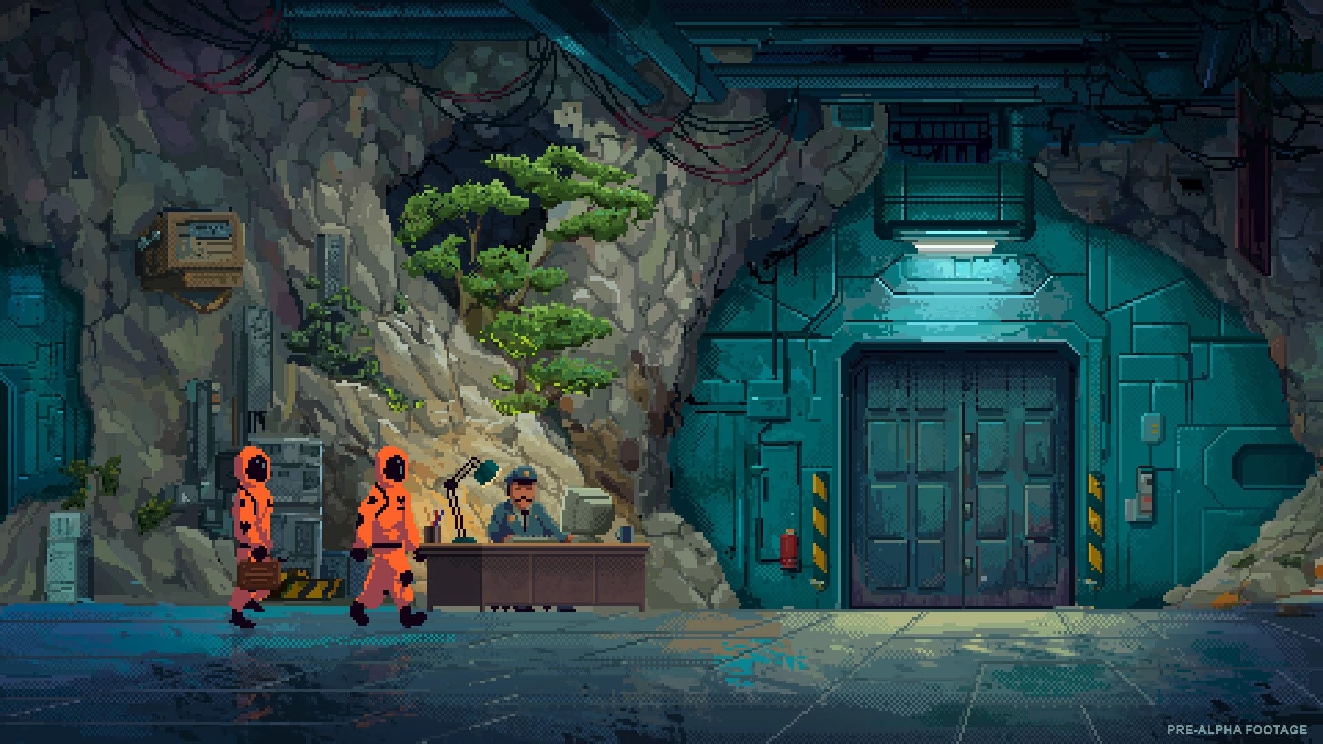 Security 51: Two hazmat workers approach a guard desk beside a sealed blast door in a cavern lab.