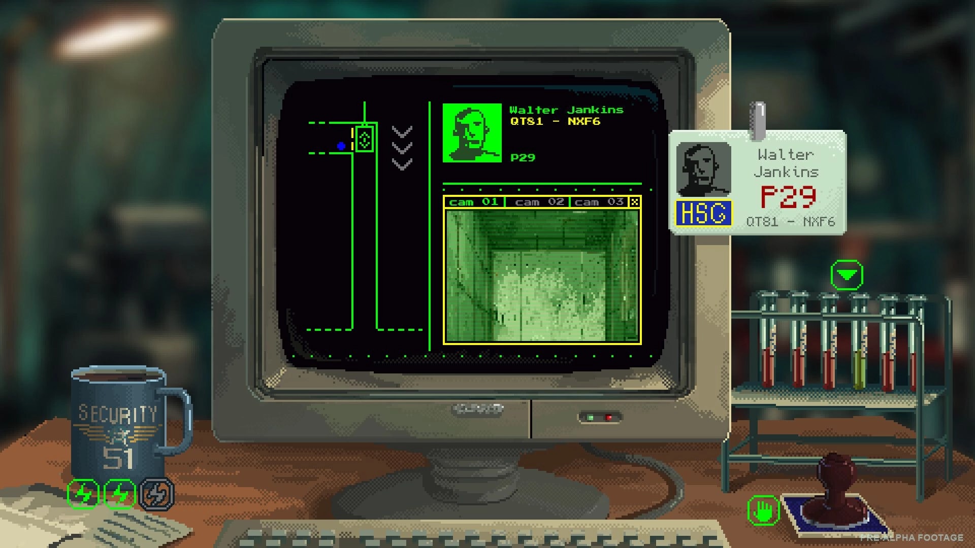 Security 51: Clearance check for Walter Jankins on CRT monitor with ID badge and lab tubes on desk.