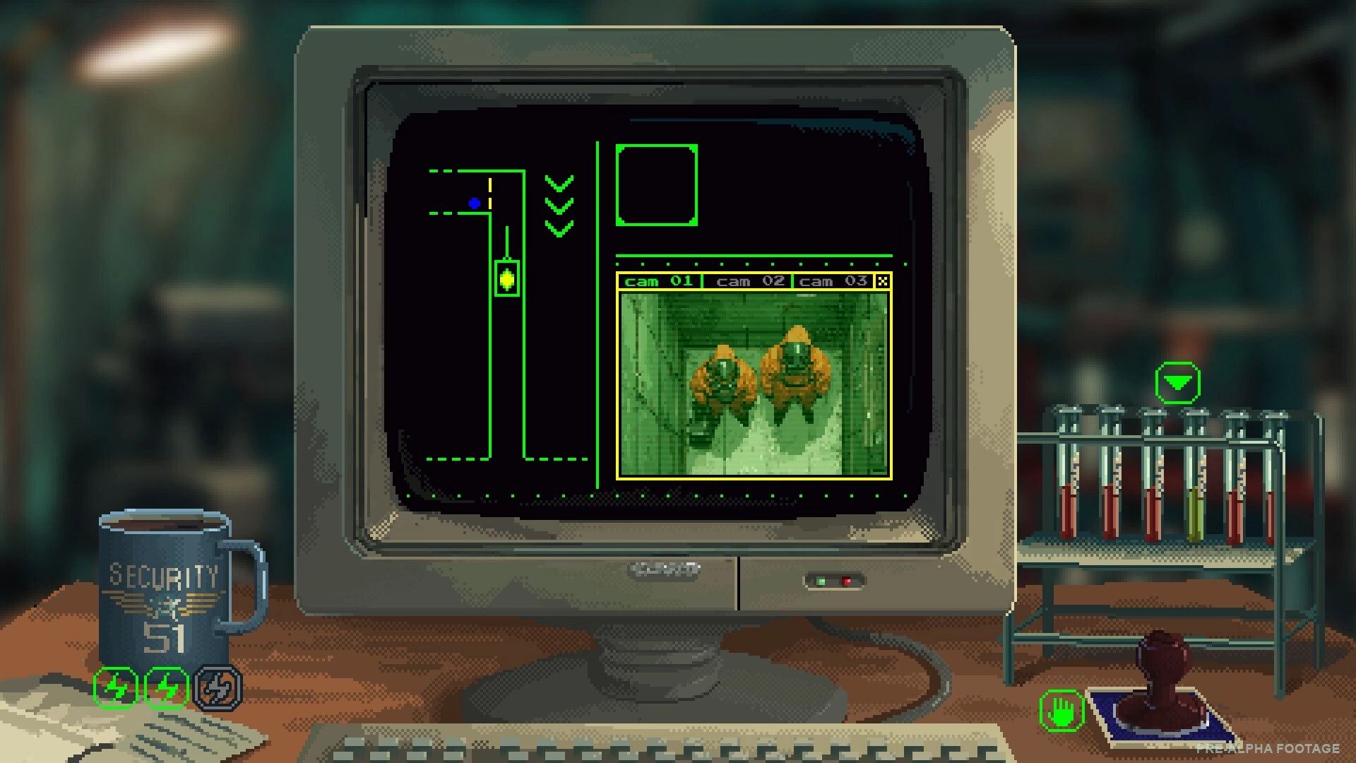 Security 51: CCTV monitor with elevator map and hazmat duo on Cam 01 at a security desk station.