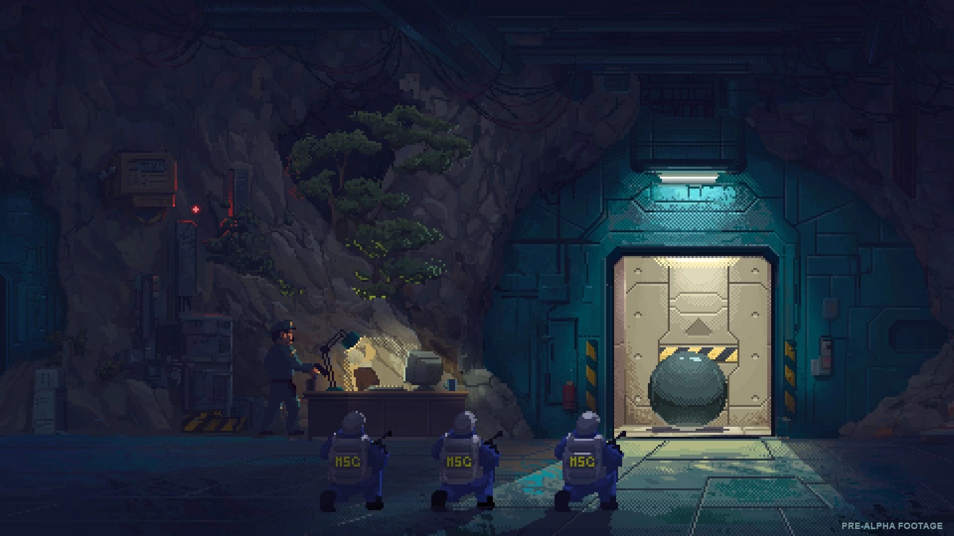 Security 51: Guard at desk faces three HSC soldiers as a heavy vault door opens in cavern lab.