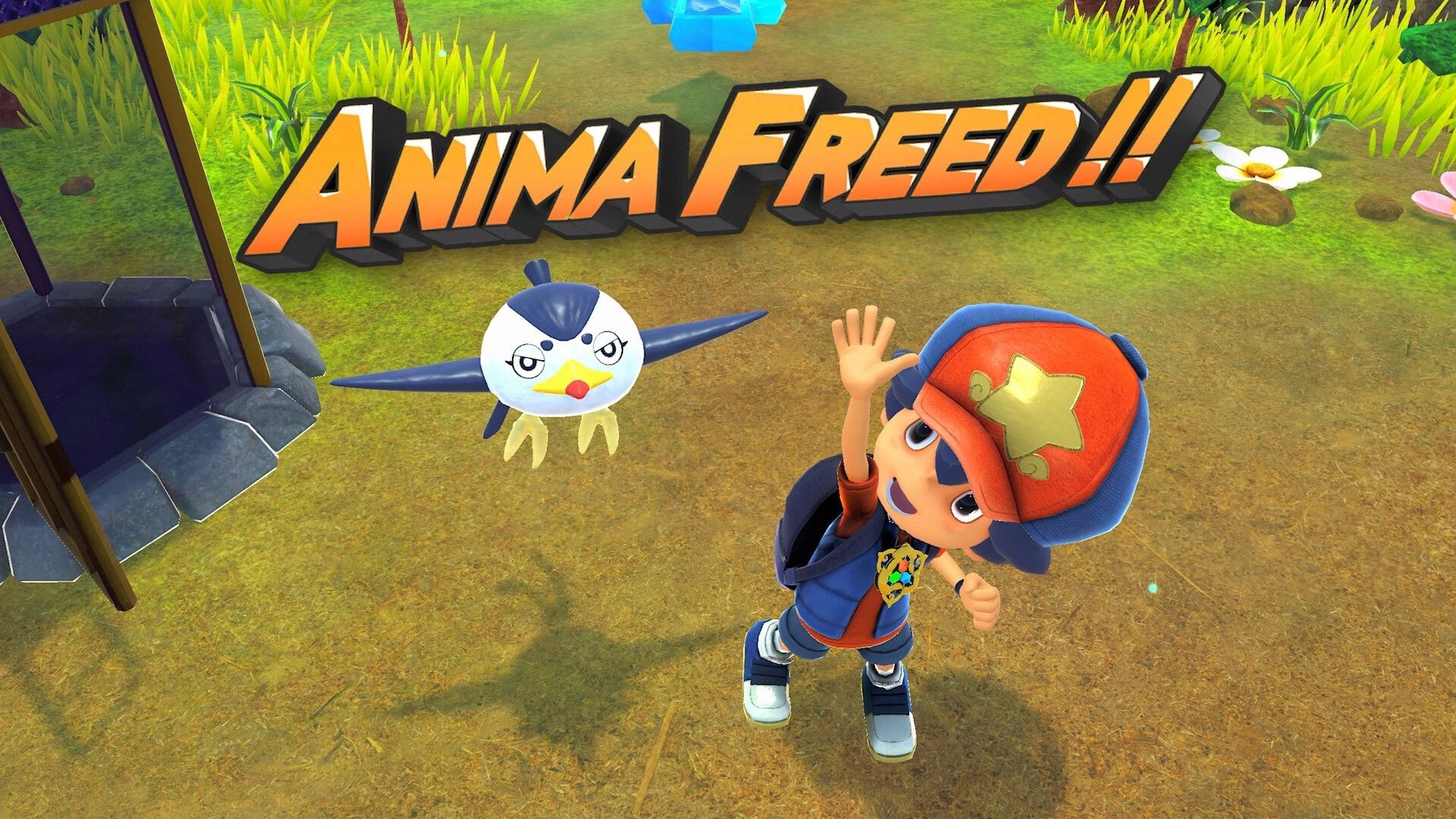 Serial World: Anima Freed!! message as a boy raises his hand beside a floating creature on a path.