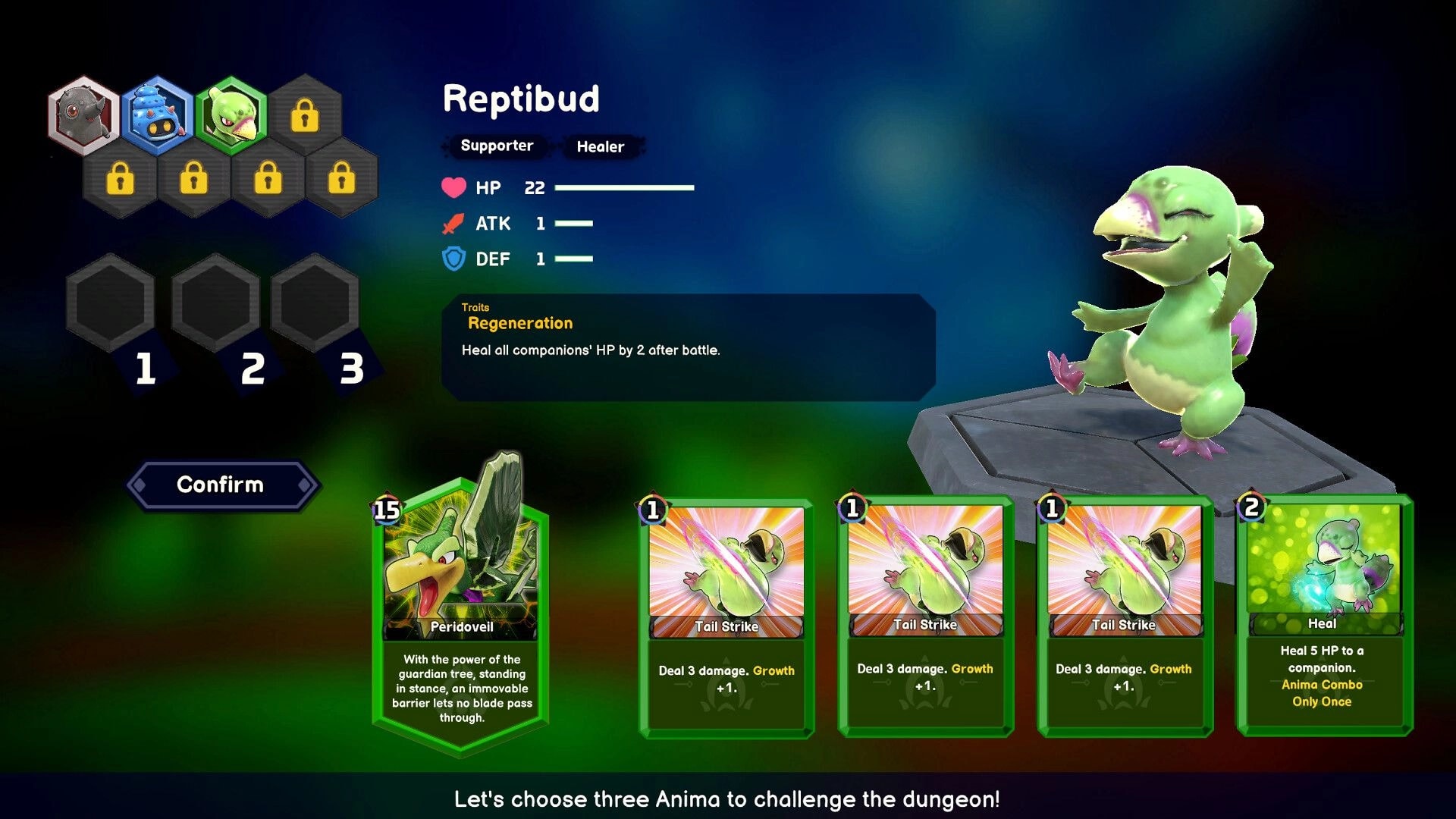 Serial World: Reptibud anima selection with stats and ability cards on a dungeon team setup screen.