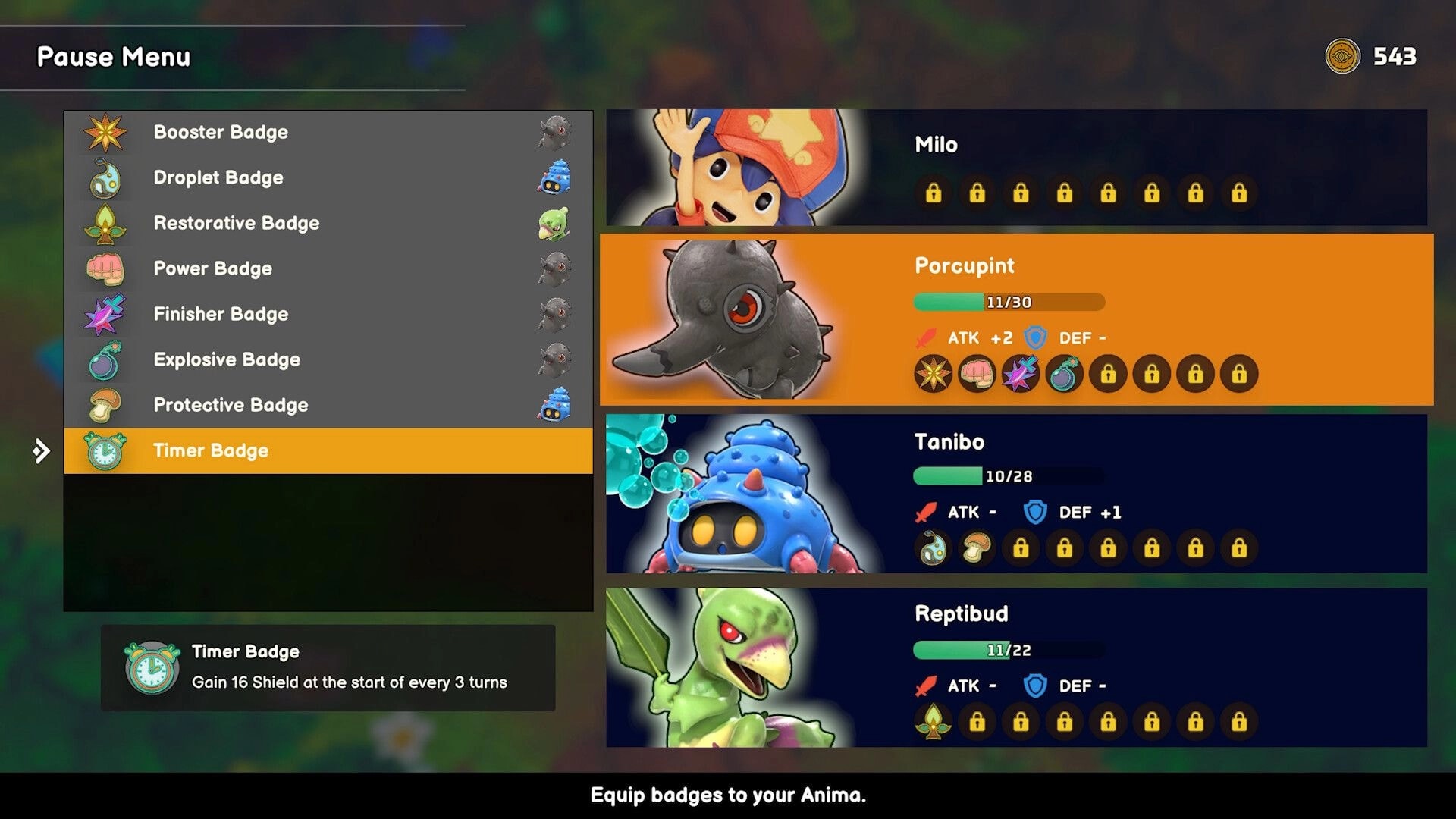Serial World: Pause menu badge list and Anima stats for Milo, Porcupint, Tanibo, and Reptibud screen.