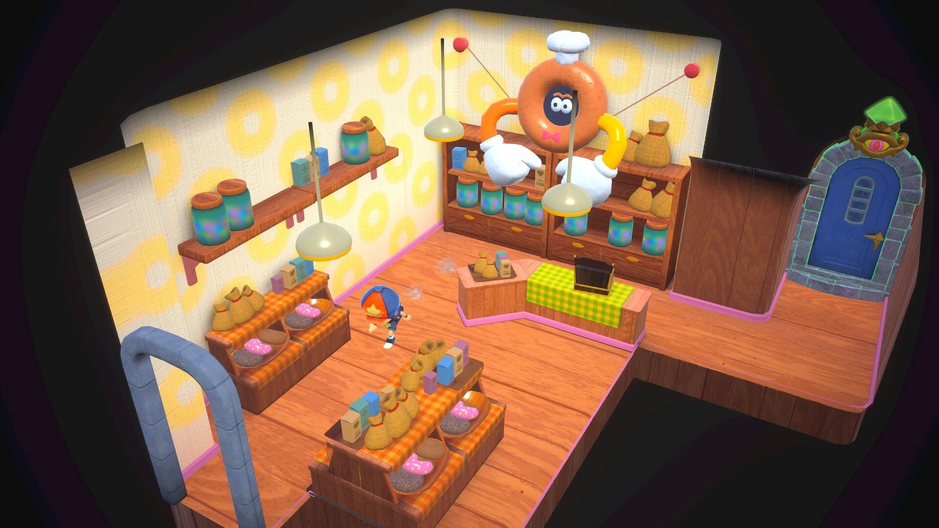 Serial World: Player character in a quirky shop with jars and sacks, facing a donut NPC by shelves.