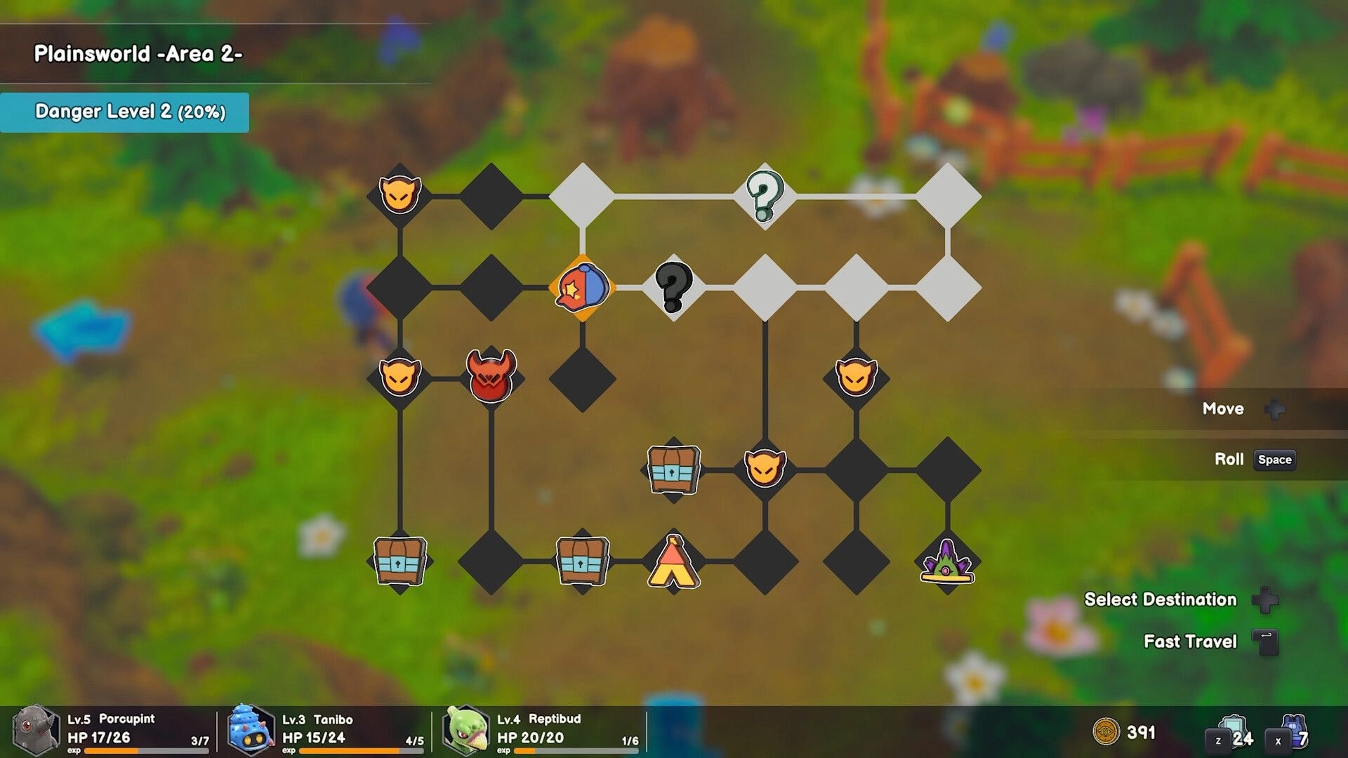 Serial World: Overworld path map in Plainsworld Area 2 with danger level, nodes, chests, and controls.