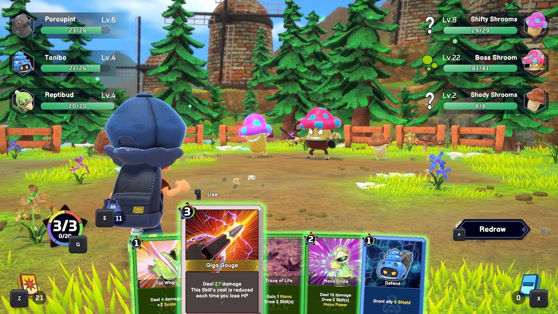 Serial World: Turn-based card battle with skill hand vs Shrooms enemies in a forest clearing by windmills.