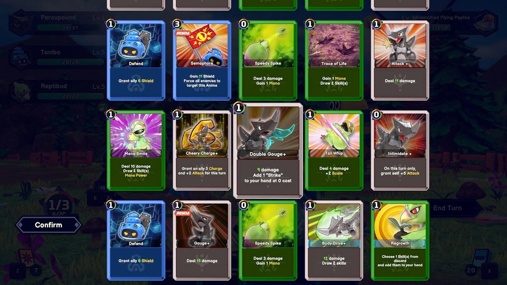 Serial World: Skill card selection grid with Defend, Attack+, Speedy Spike, Regrowth over grassy field.