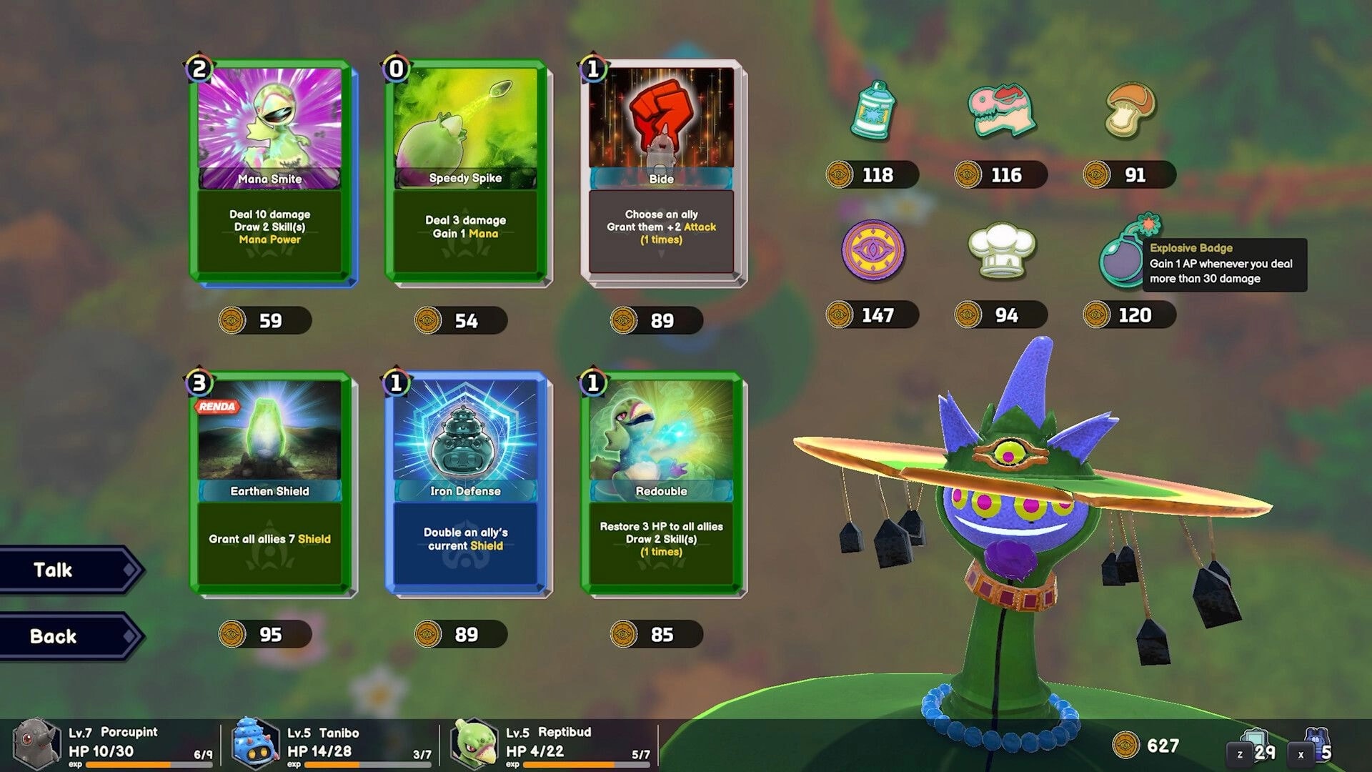 Serial World: Skill shop menu with ability cards and prices beside a tall Anima vendor in town.