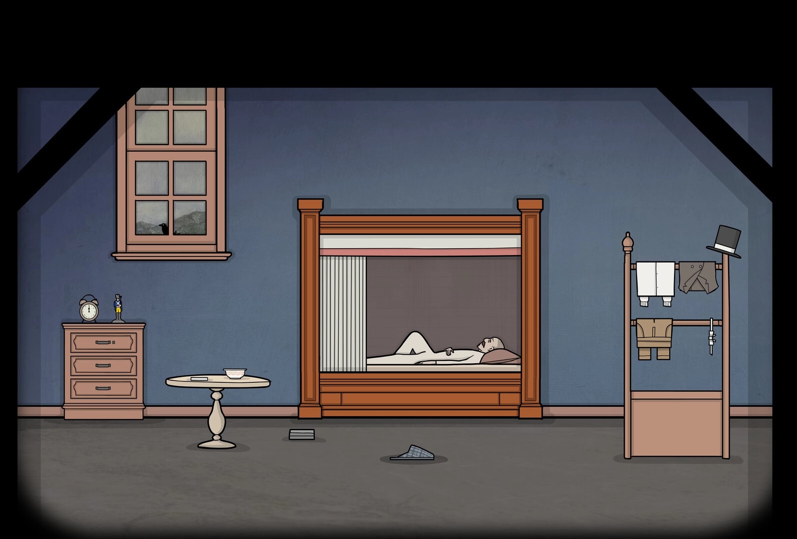 Servant of the Lake: Character resting in bed in a dimly lit room with clothes rack and table nearby