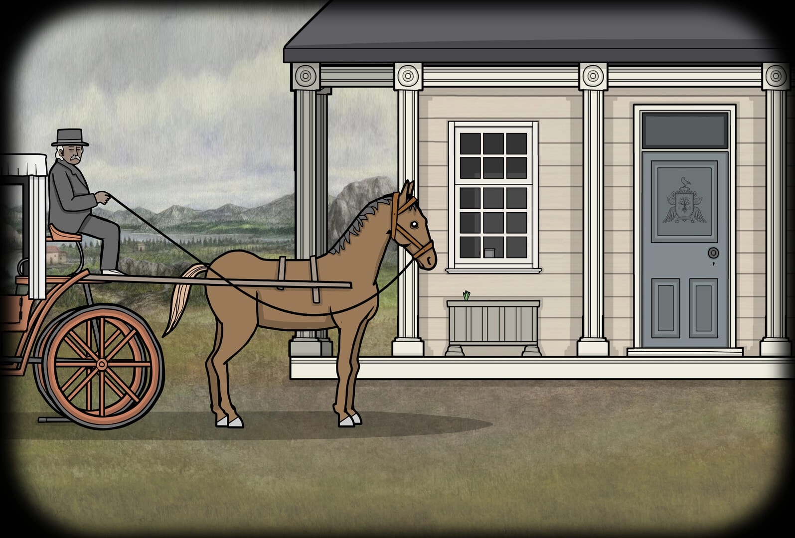 Servant of the Lake: Horse-drawn carriage arrives at Vanderboom estate entrance amidst scenic landscape