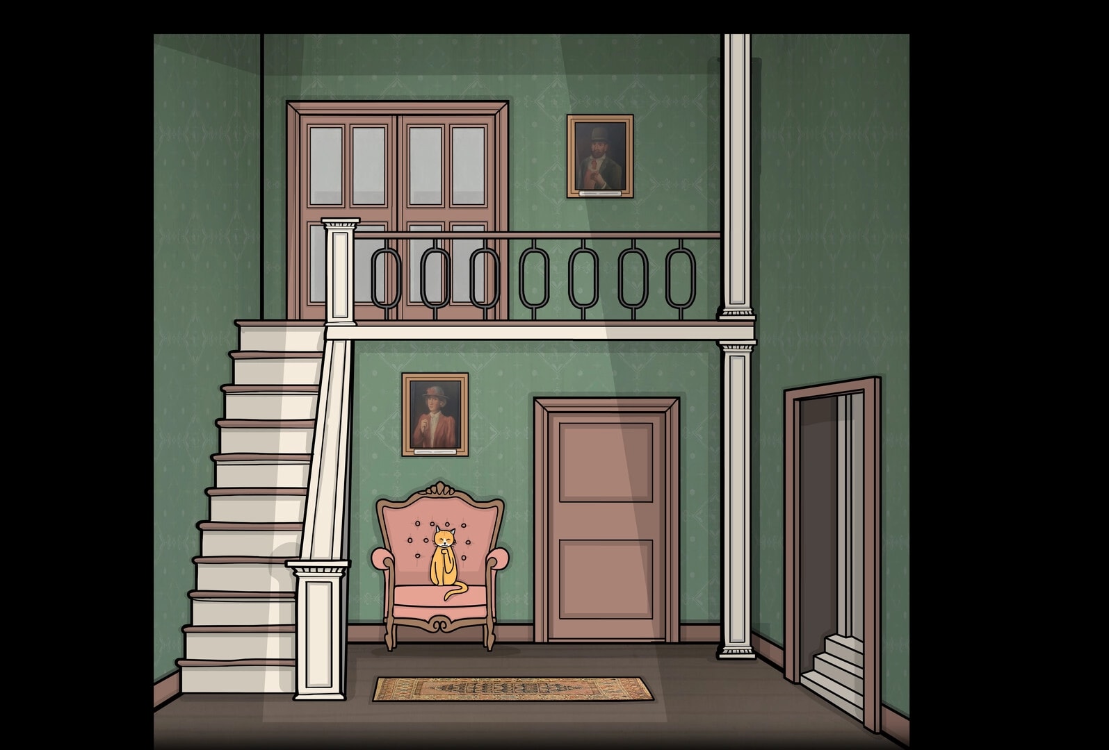 Servant of the Lake: Cat sitting on an elegant chair in a grand hallway with green walls and portraits.
