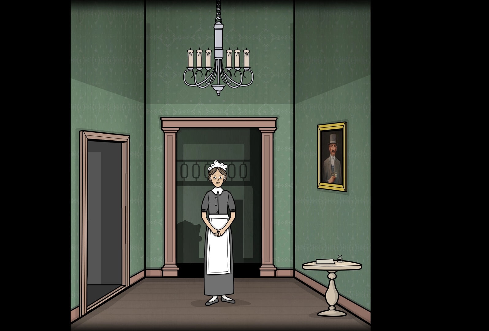 Servant of the Lake: Maid standing in a green room with chandelier, painting, and small table with letter