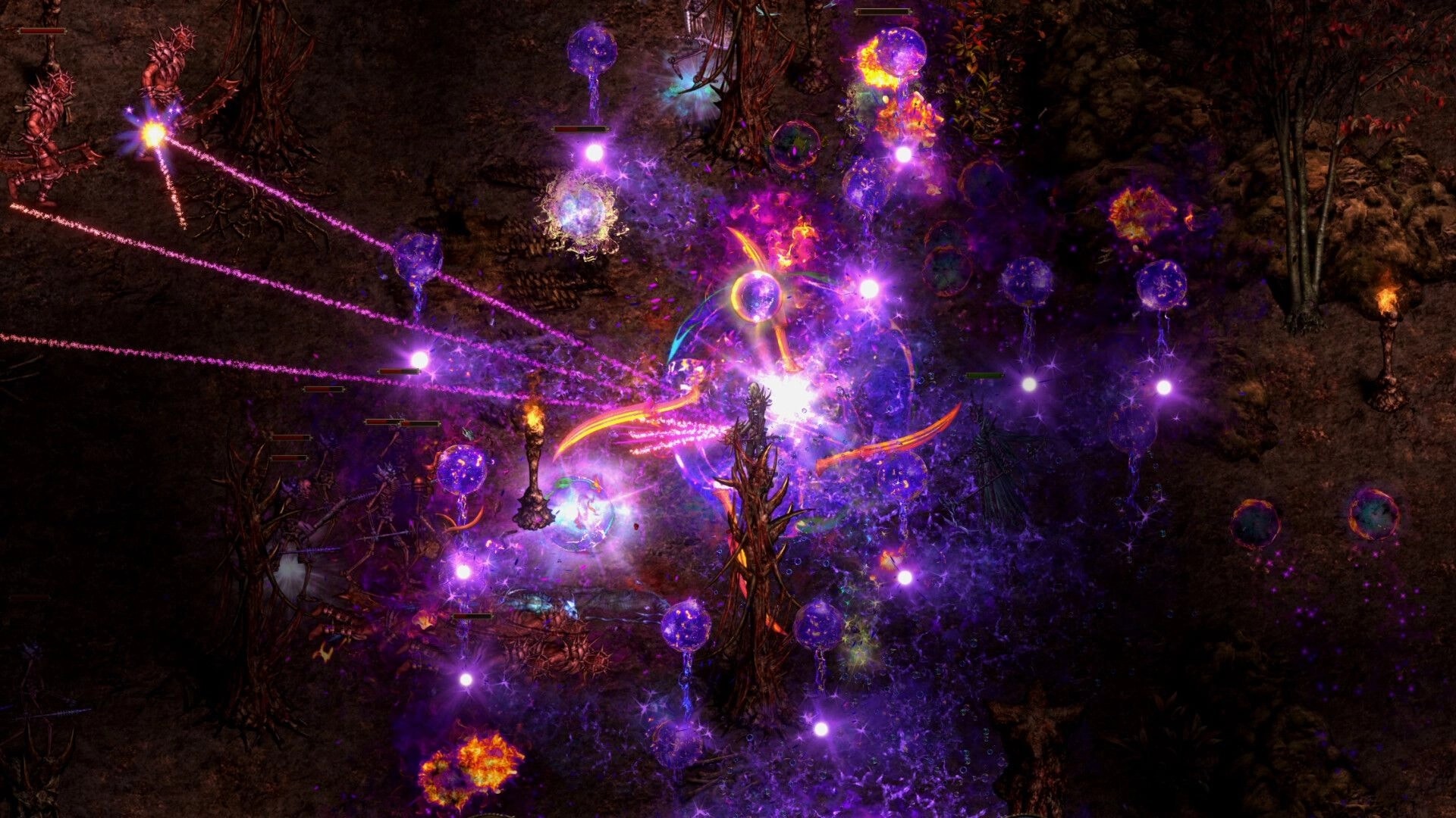 Shadow Dungeon: Spell barrage with purple orbs and beams exploding in a torchlit ruined forest arena.