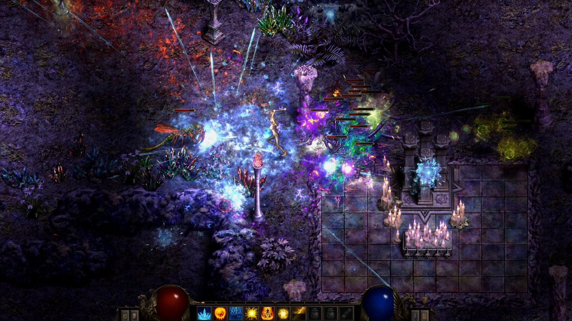 Shadow Dungeon: Mage unleashes icy spells on monsters beside candlelit stone altar in ruins.